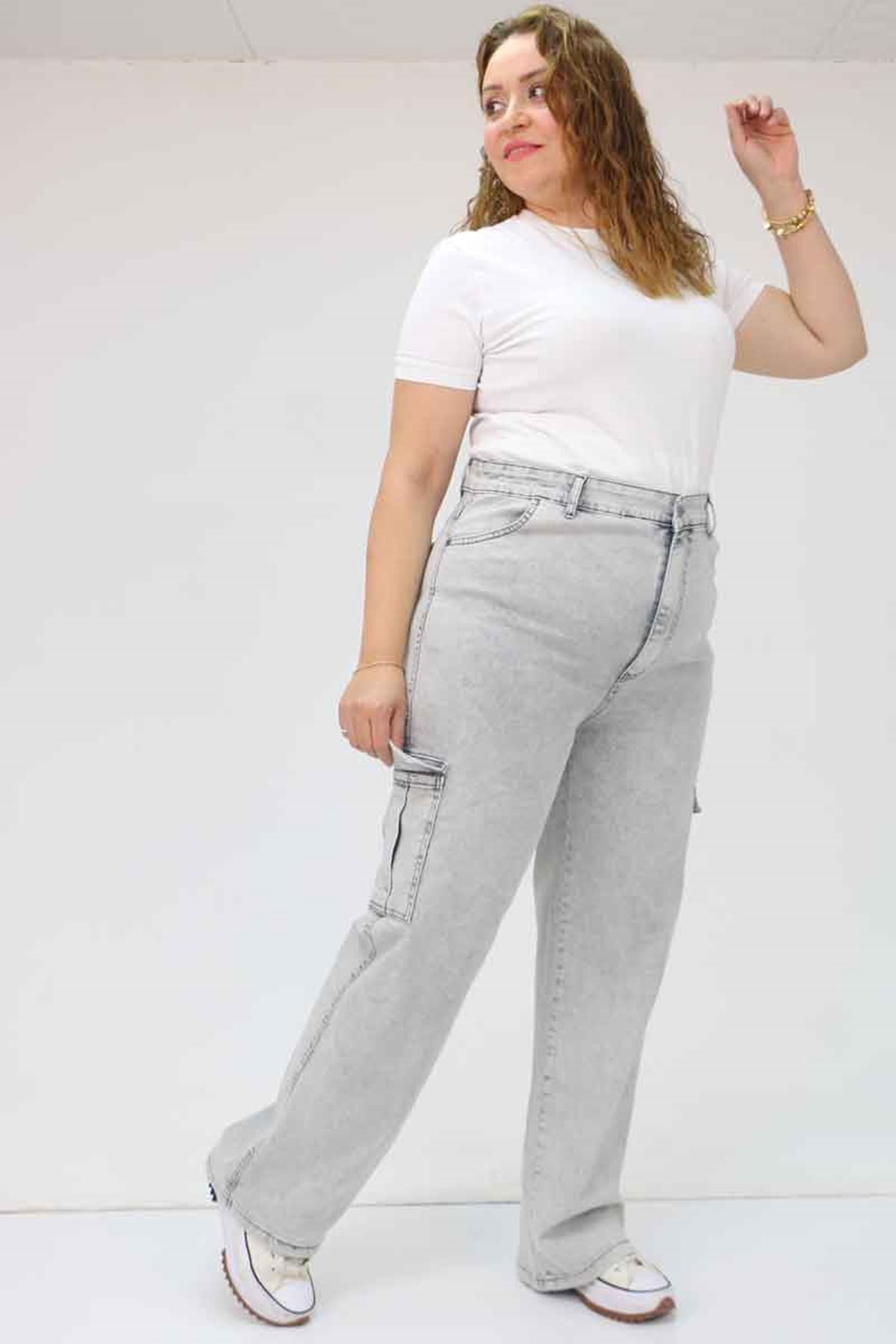 49031 Büyük Beden Yan Cepli Kot Pantolon - Kar Yıkama Gri