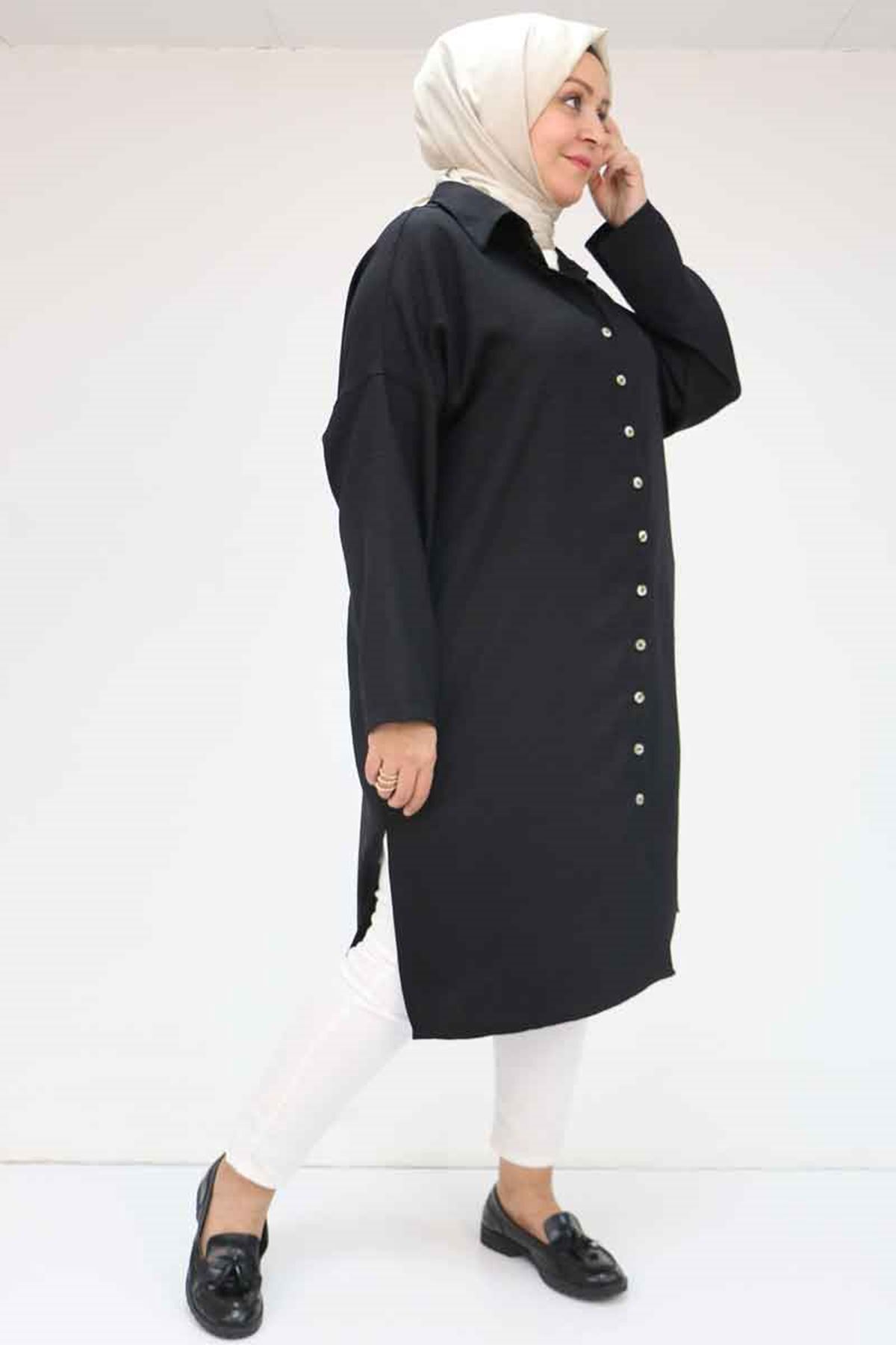 58065 Büyük Beden Melanj Keten Düşük Kol Gömlek - Siyah