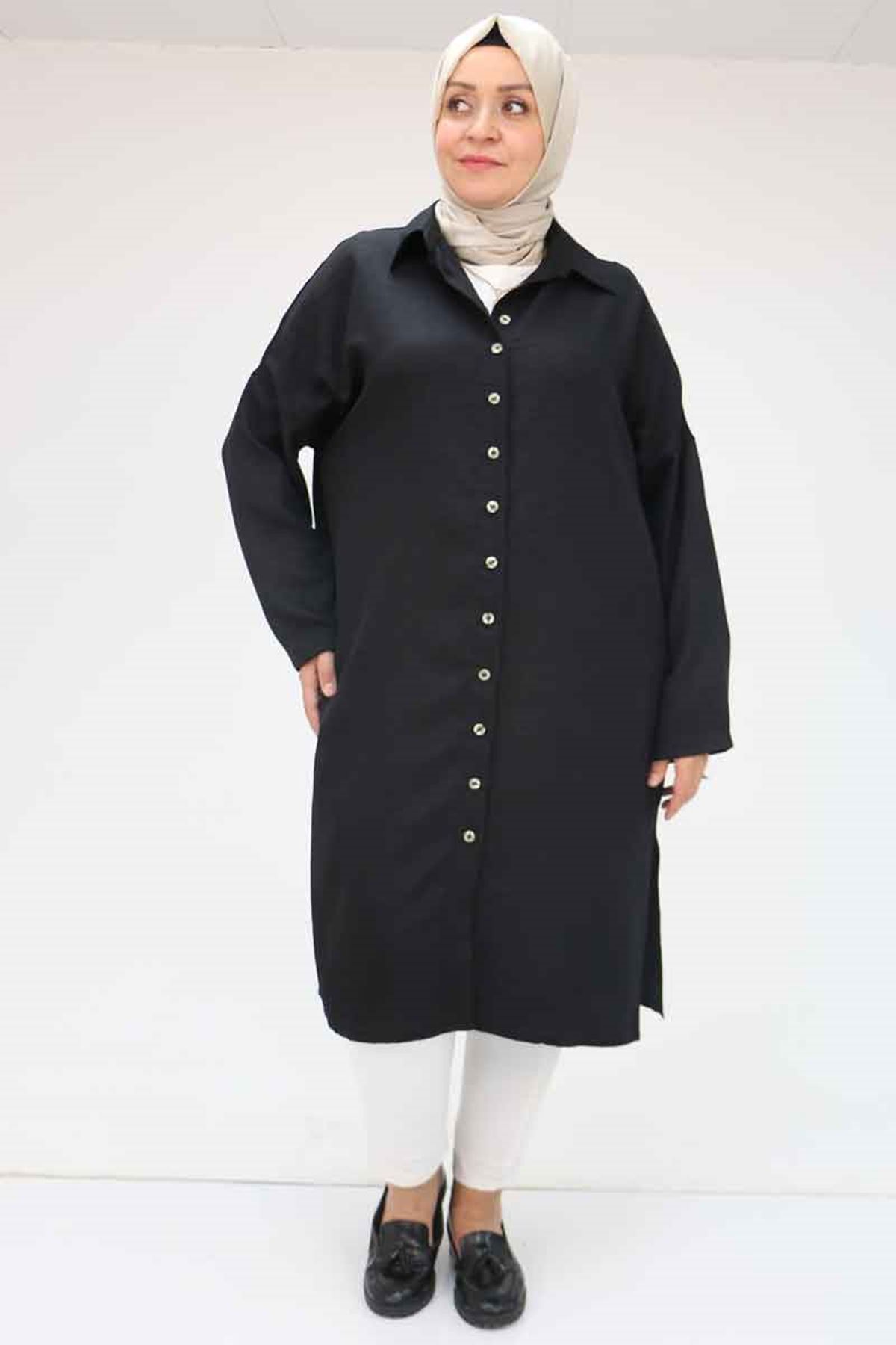 58065 Büyük Beden Melanj Keten Düşük Kol Gömlek - Siyah