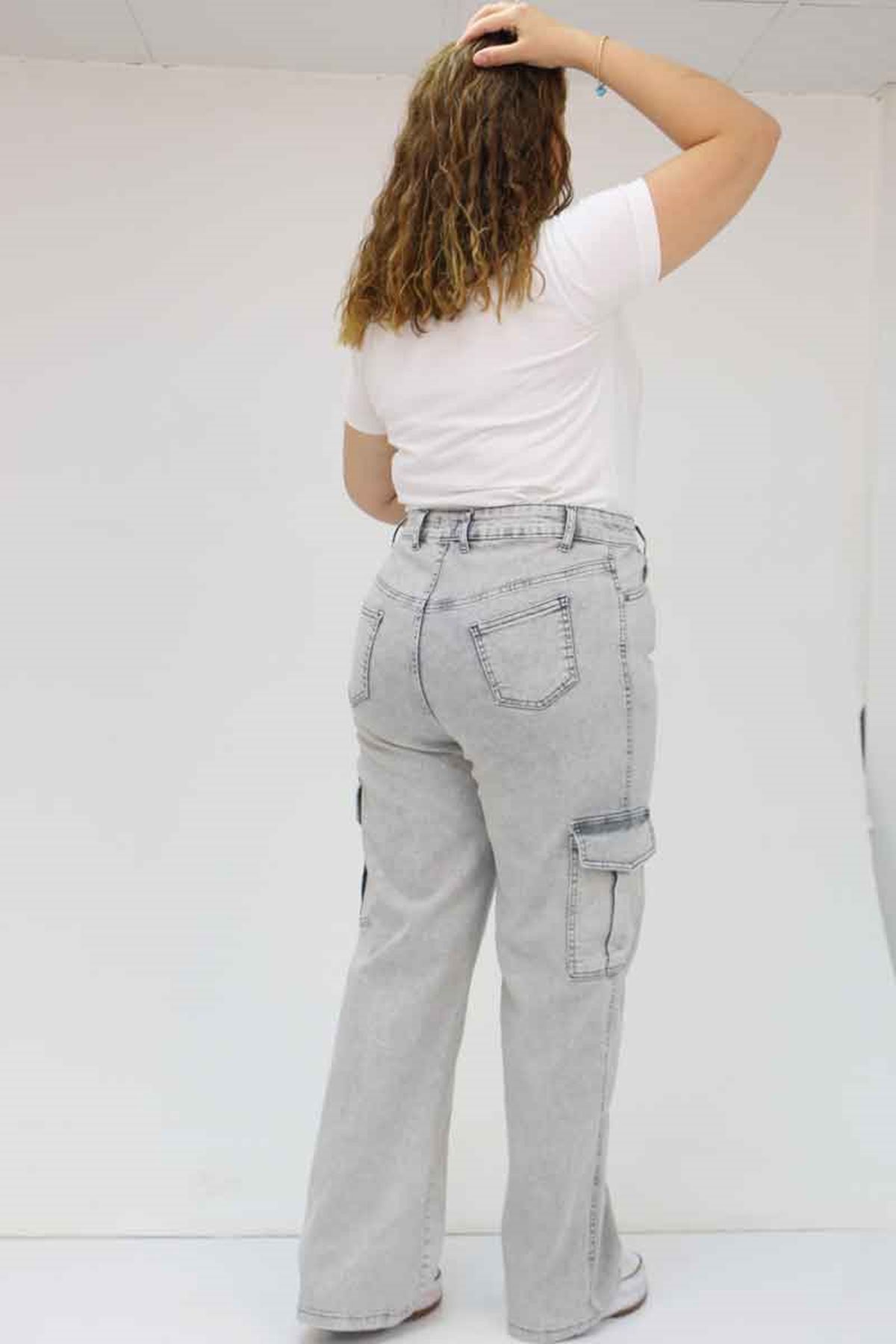 49031 Büyük Beden Yan Cepli Kot Pantolon - Kar Yıkama Gri