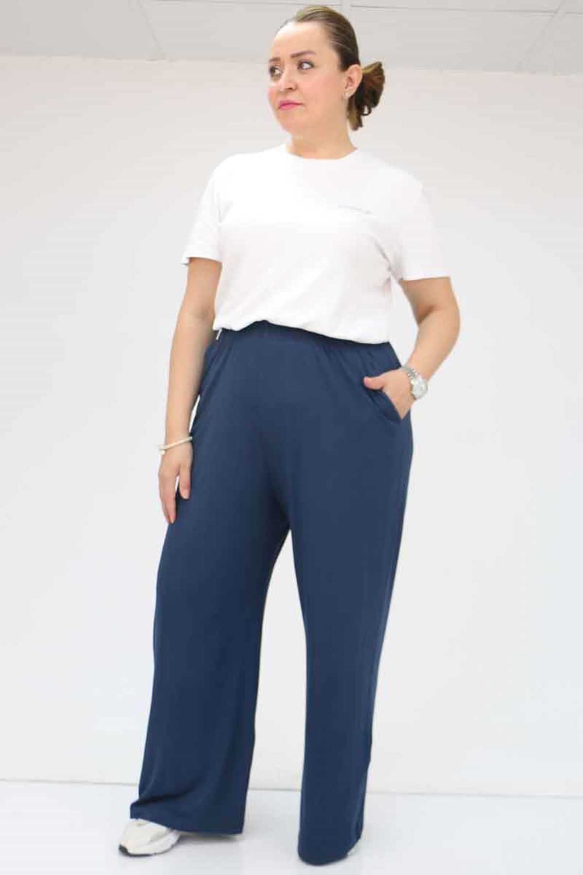 39012 Büyük Beden Bolpaça Bürümcük Pantolon - Lacivert