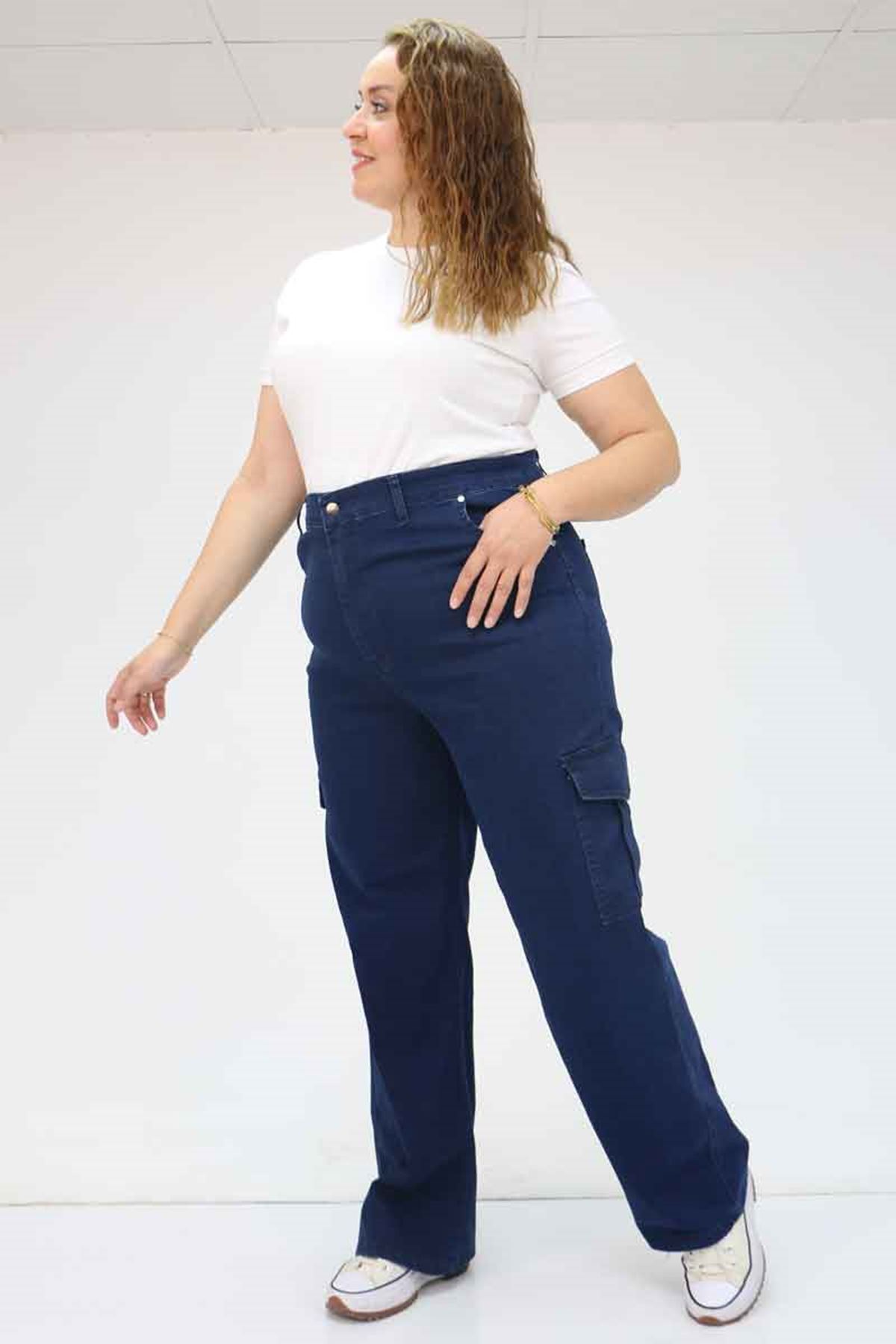 49031 Büyük Beden Yan Cepli Kot Pantolon - Lacivert