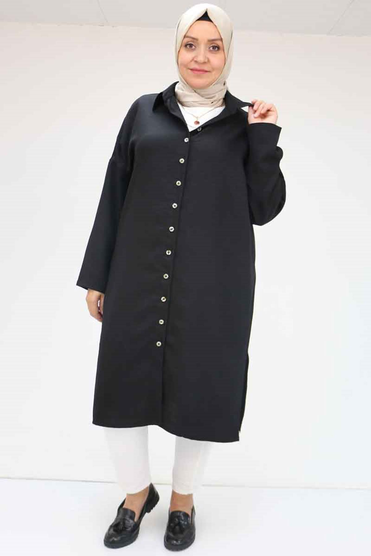 58065 Büyük Beden Melanj Keten Düşük Kol Gömlek - Siyah