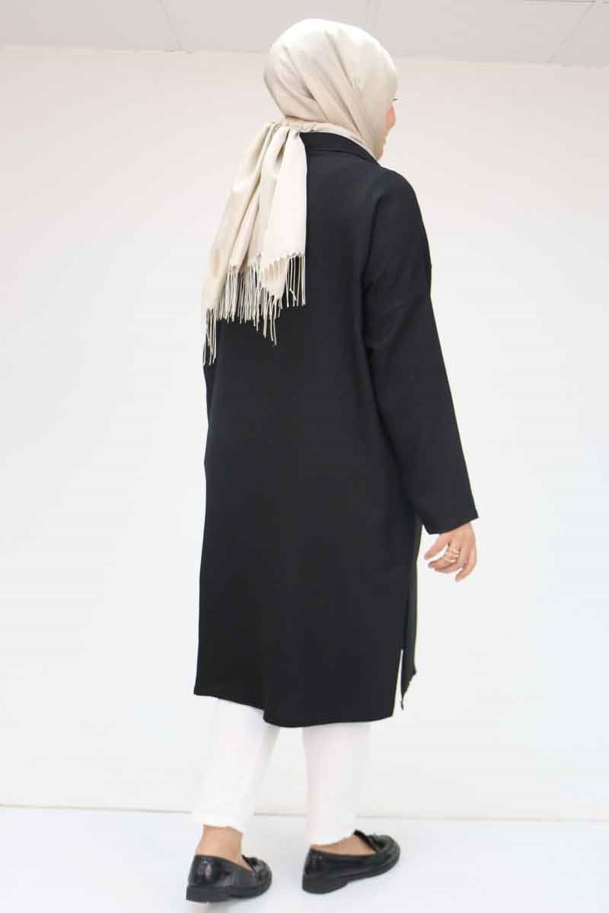 58065 Büyük Beden Melanj Keten Düşük Kol Gömlek - Siyah