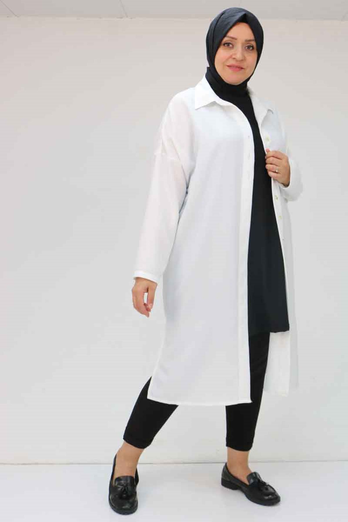 58065 Büyük Beden Melanj Keten Düşük Kol Gömlek - Ekru