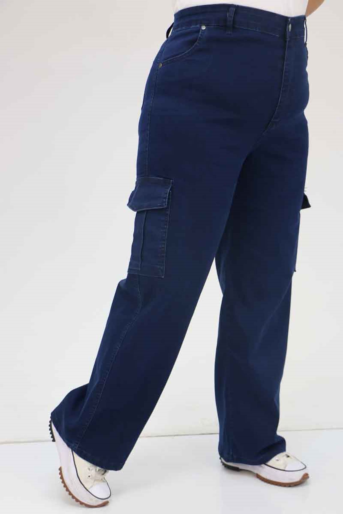 49031 Büyük Beden Yan Cepli Kot Pantolon - Lacivert