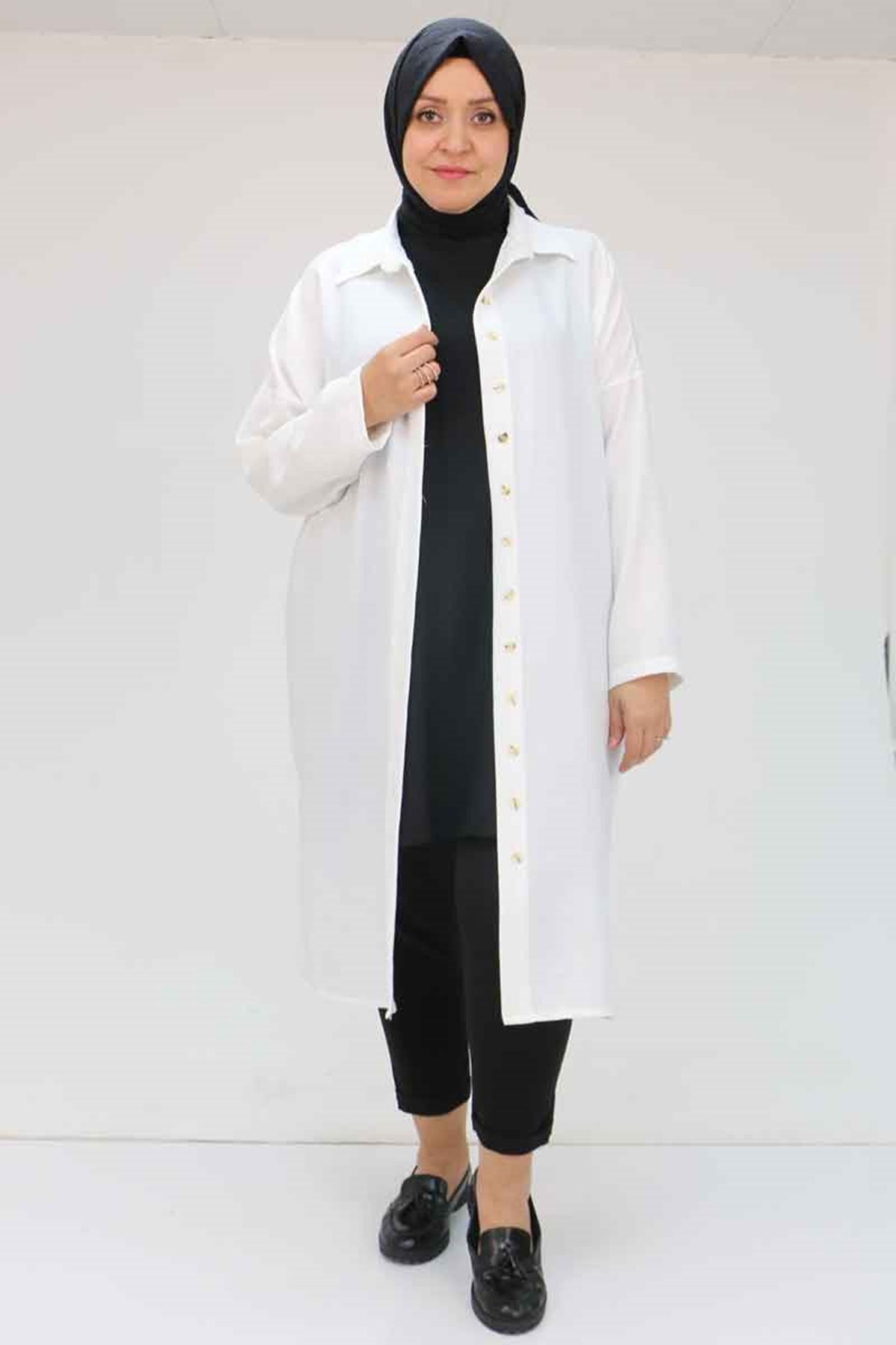 58065 Büyük Beden Melanj Keten Düşük Kol Gömlek - Ekru