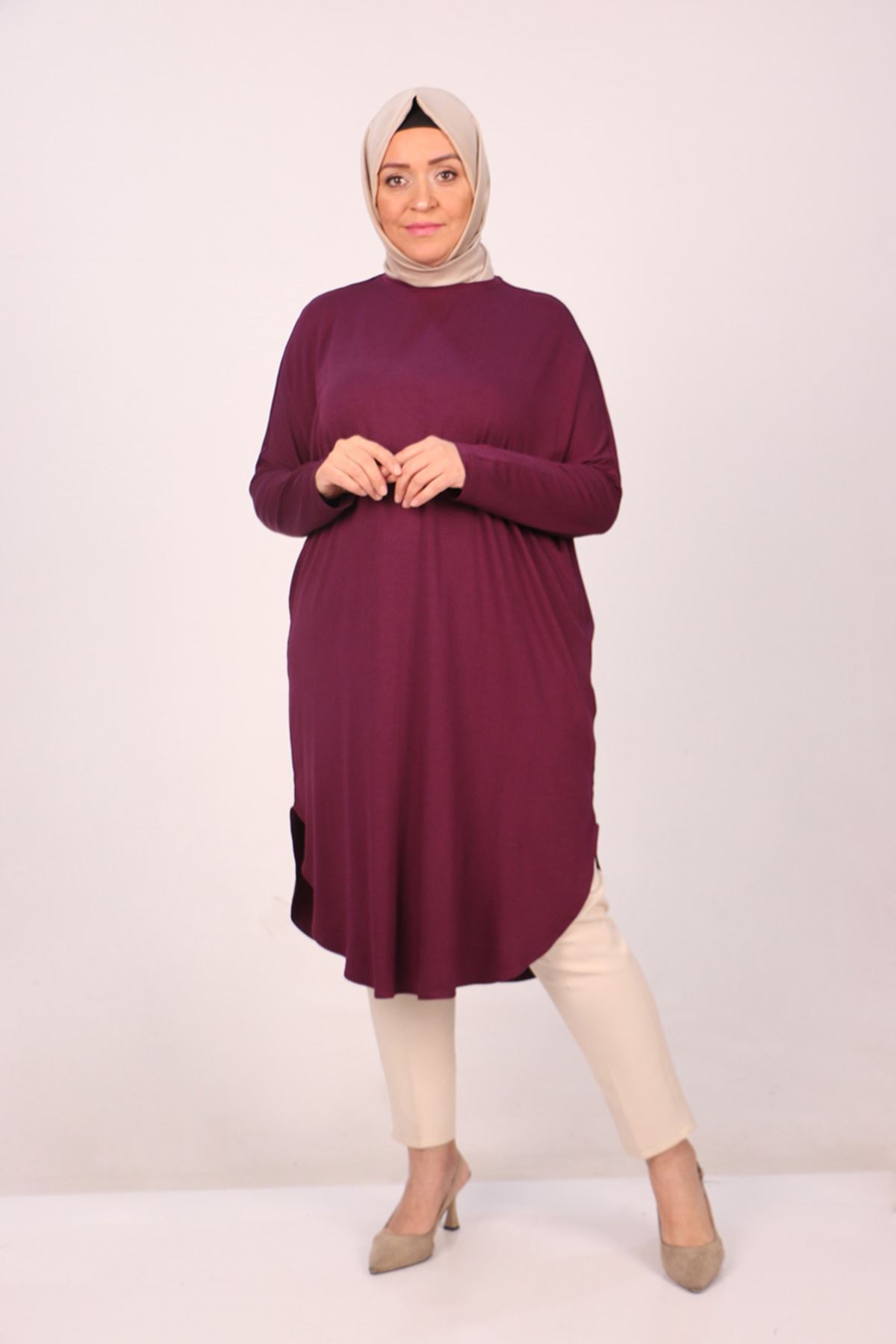 38110  Büyük Beden Düşük Kol Penye Tunik - Mor