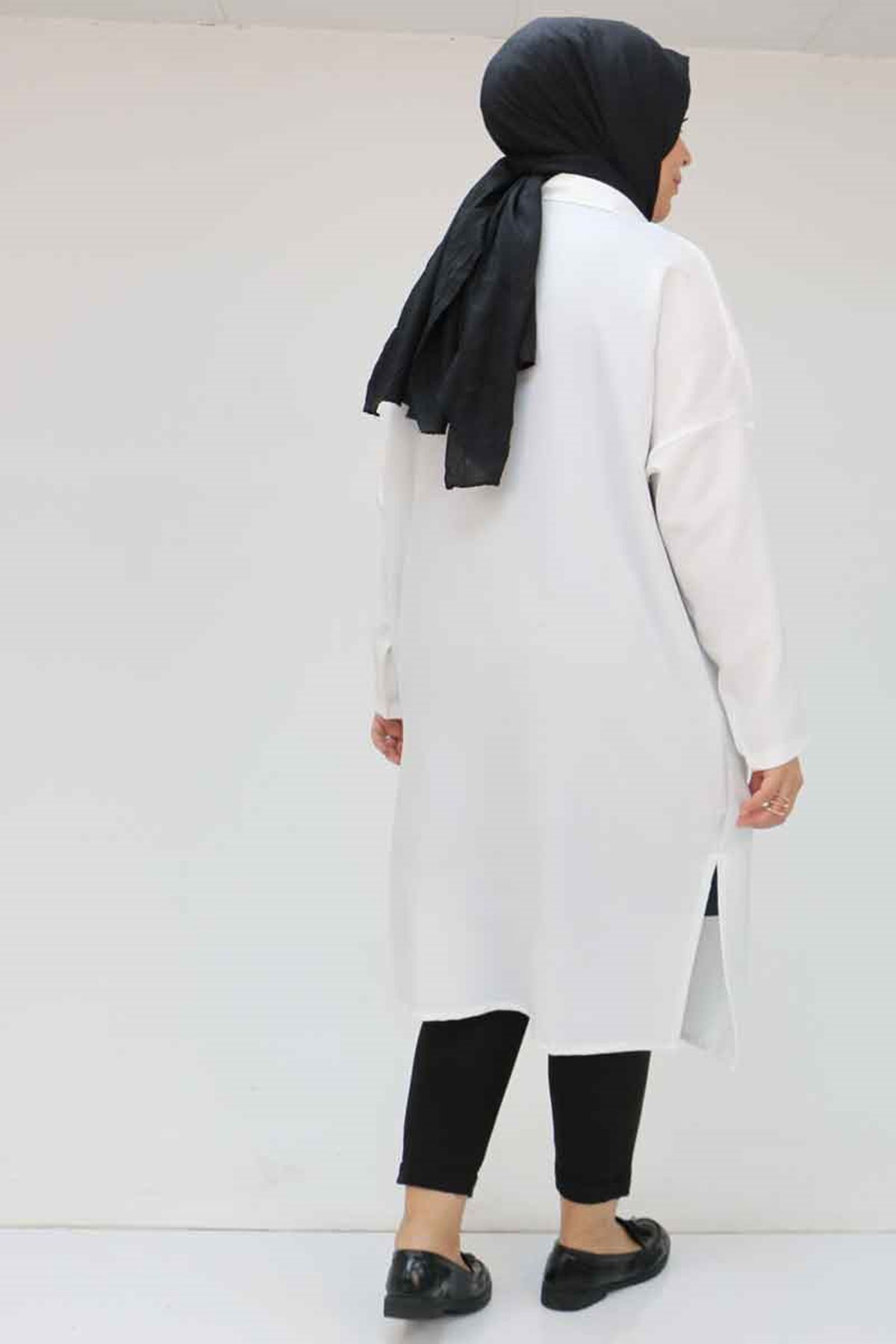 58065 Büyük Beden Melanj Keten Düşük Kol Gömlek - Ekru