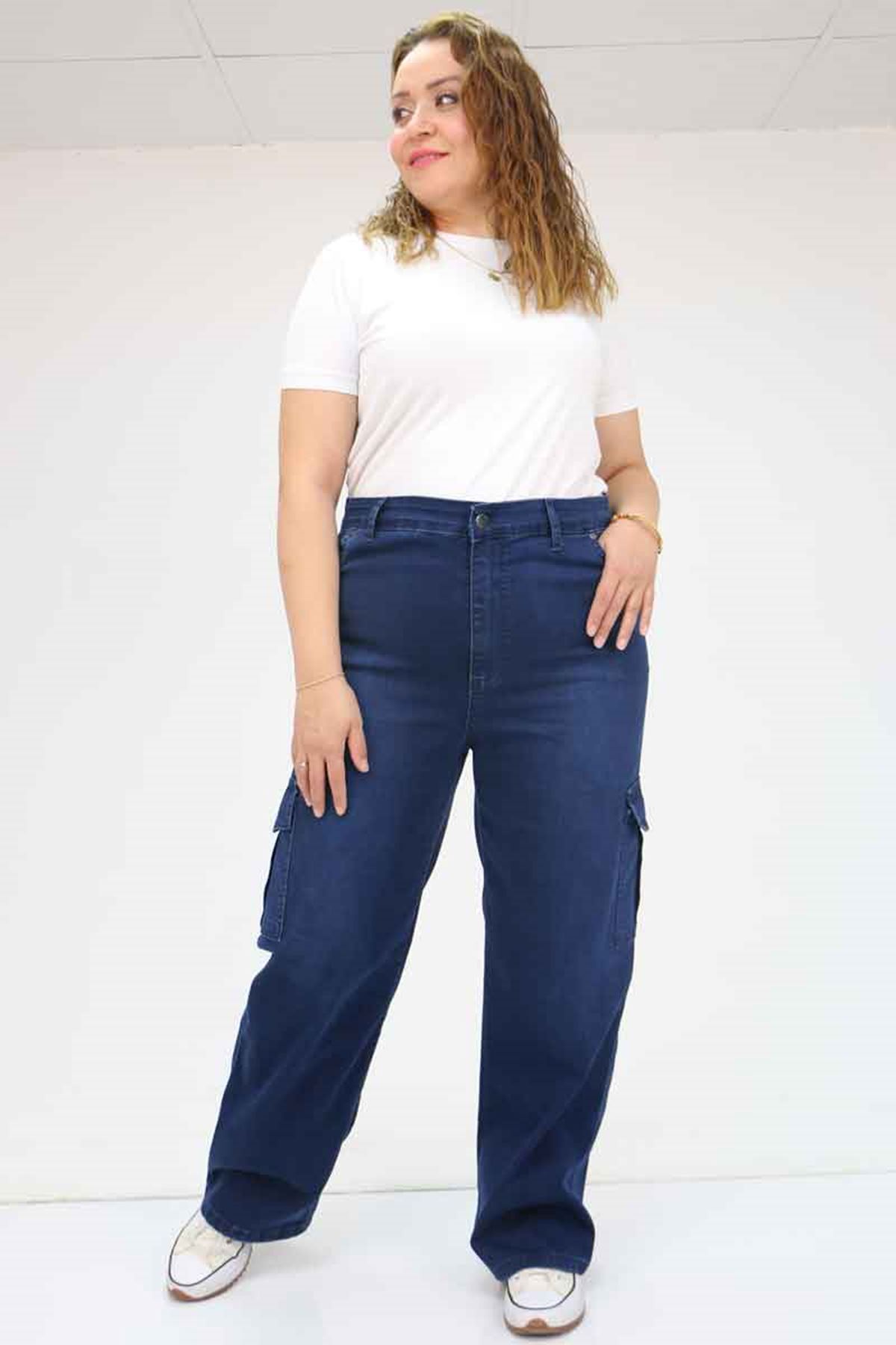 49031 Büyük Beden Yan Cepli Kot Pantolon - Spreyli Lacivert