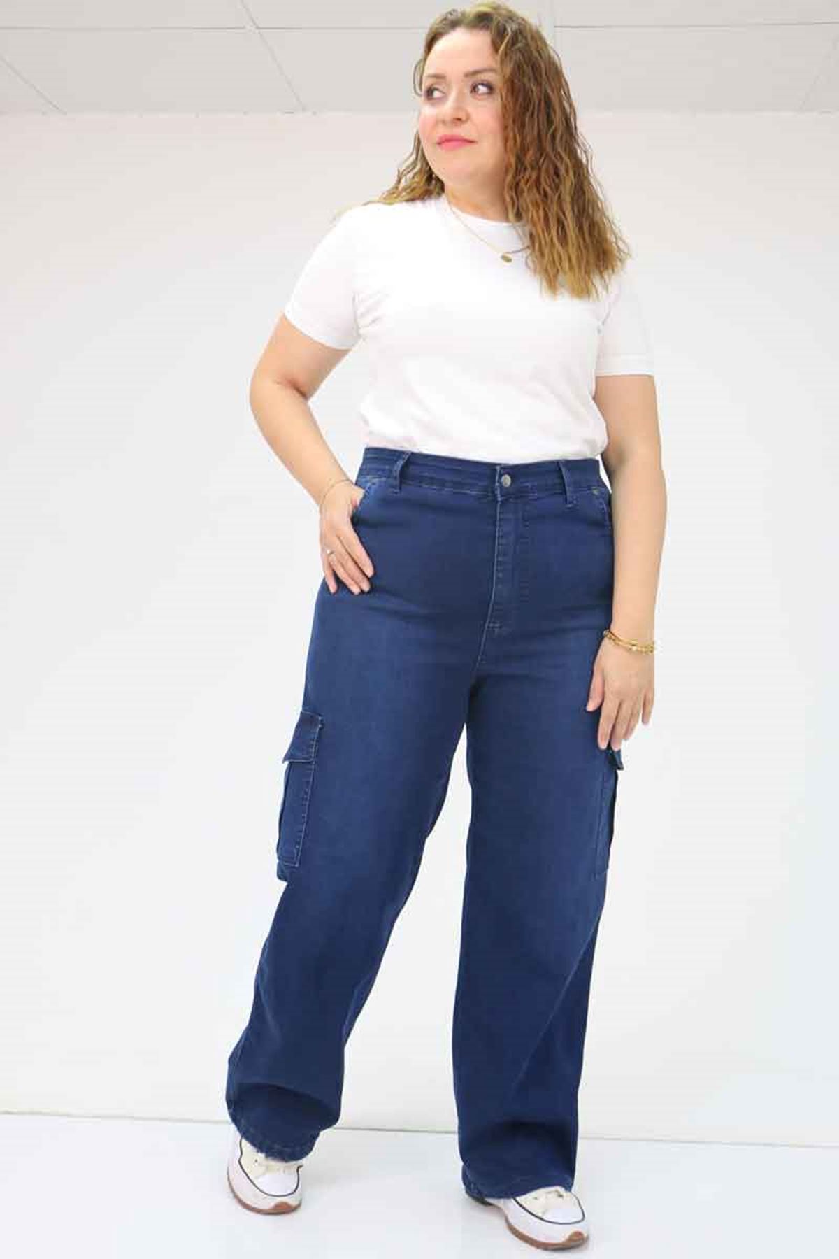 49031 Büyük Beden Yan Cepli Kot Pantolon - Spreyli Lacivert