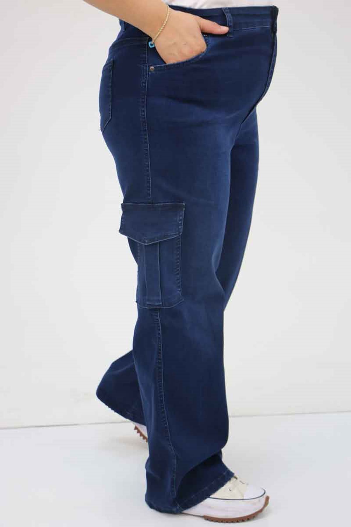 49031 Büyük Beden Yan Cepli Kot Pantolon - Spreyli Lacivert