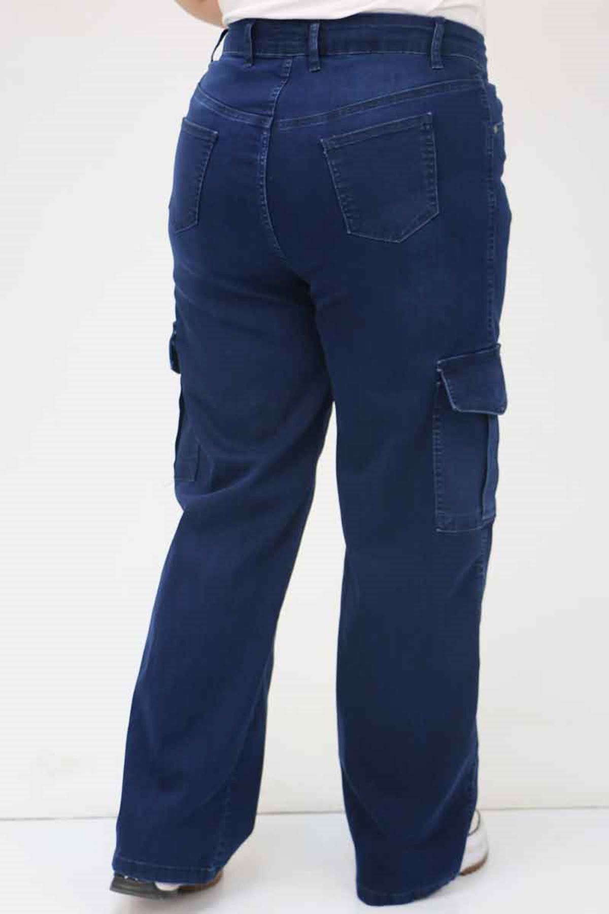 49031 Büyük Beden Yan Cepli Kot Pantolon - Spreyli Lacivert