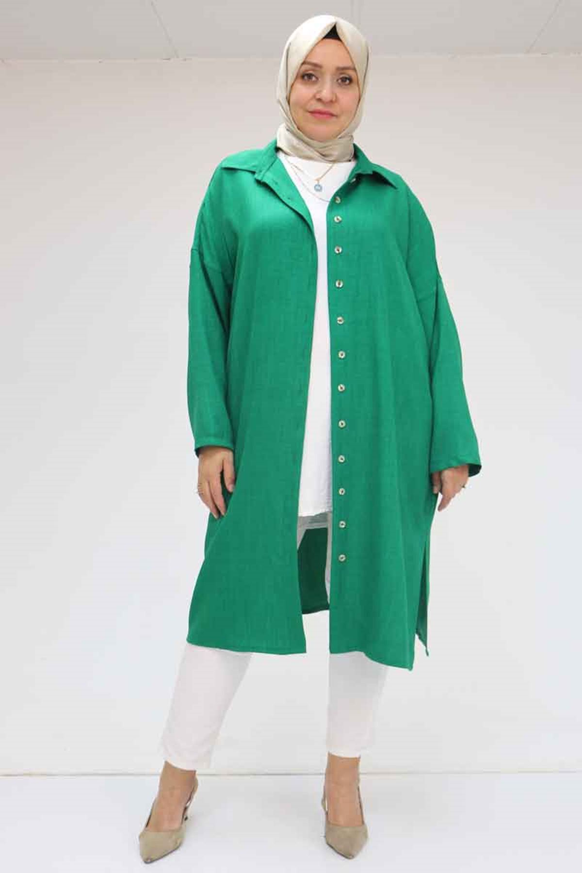 58065 Büyük Beden Melanj Keten Düşük Kol Gömlek - Beneton