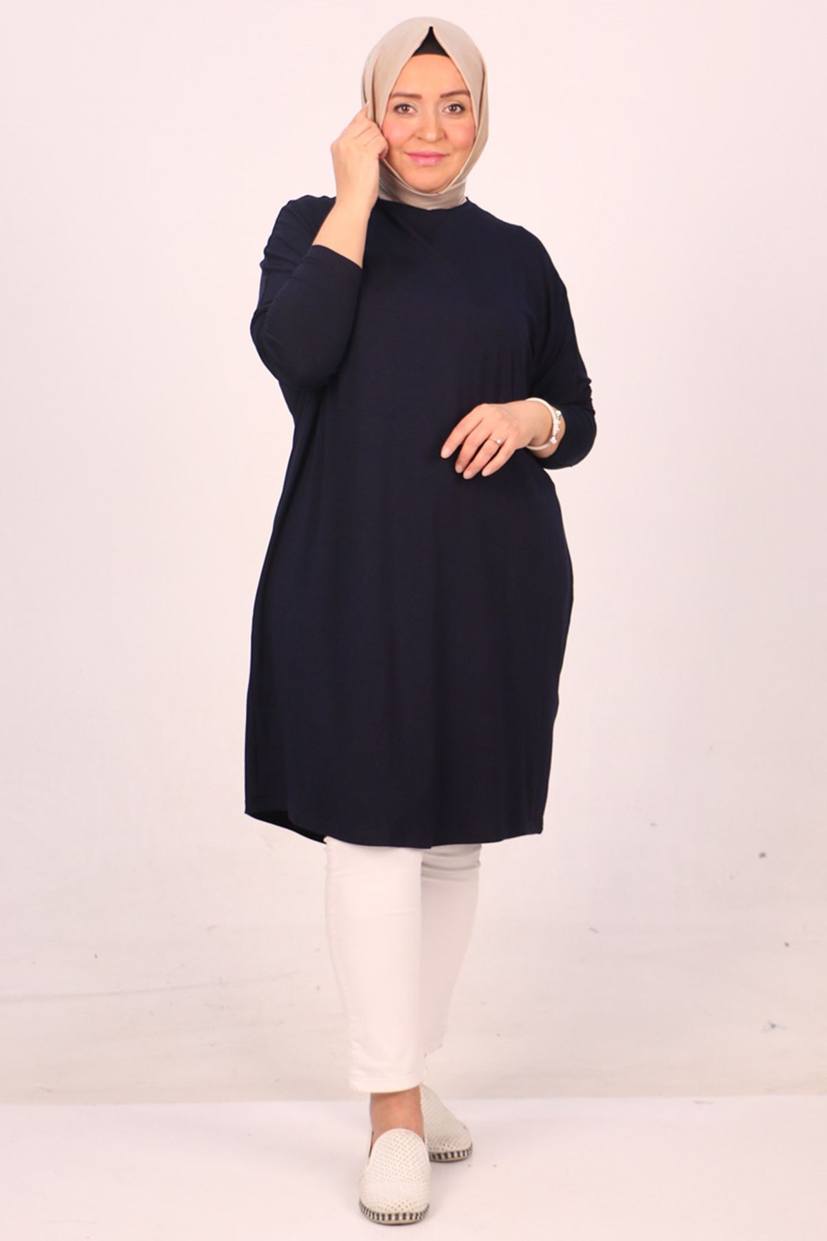 28092 Büyük Beden Düşük Kol Penye Tunik - Lacivert