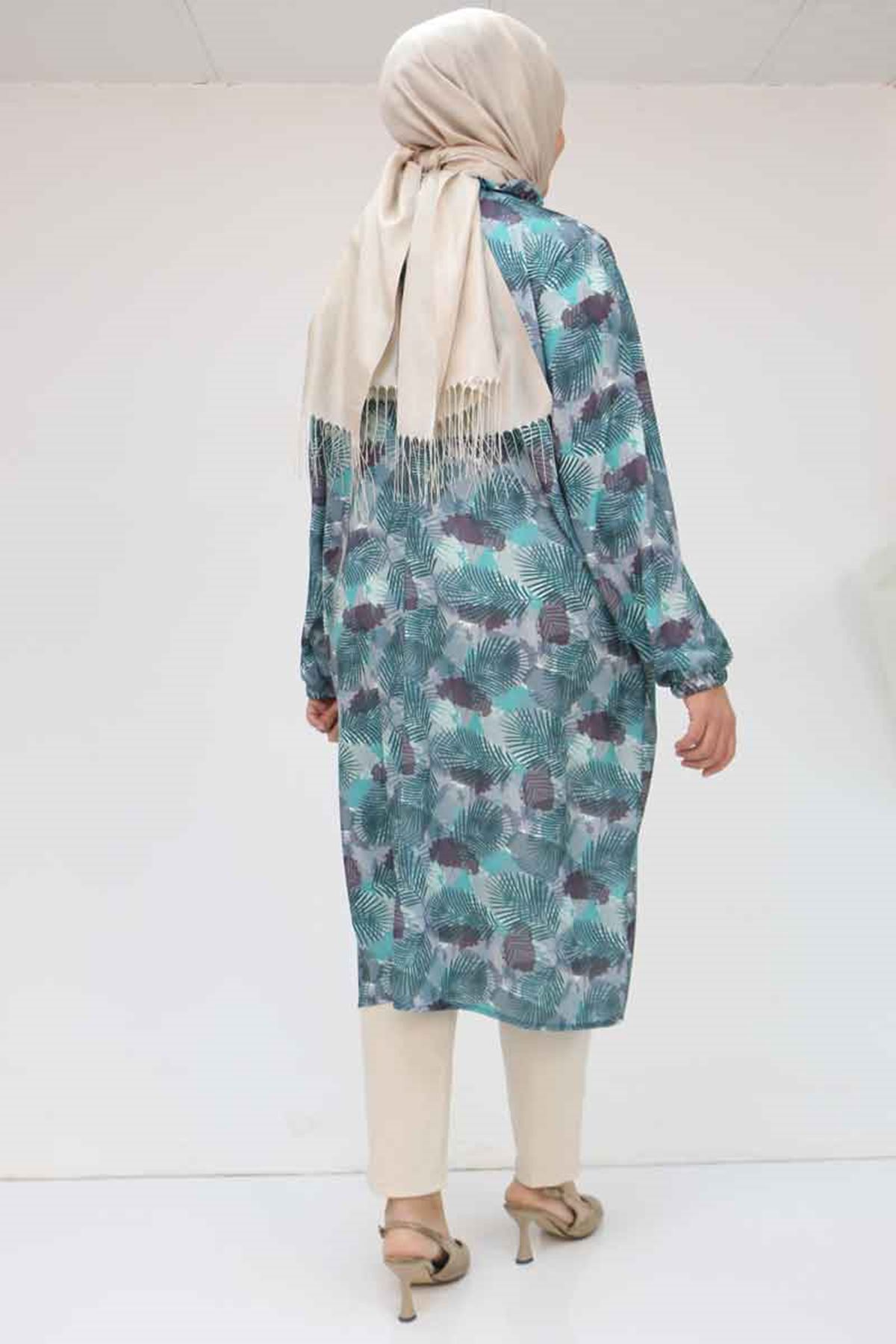 58028 Büyük Beden Yaka Fırfırlı Jesica Tunik - Yaprak Desen Mint