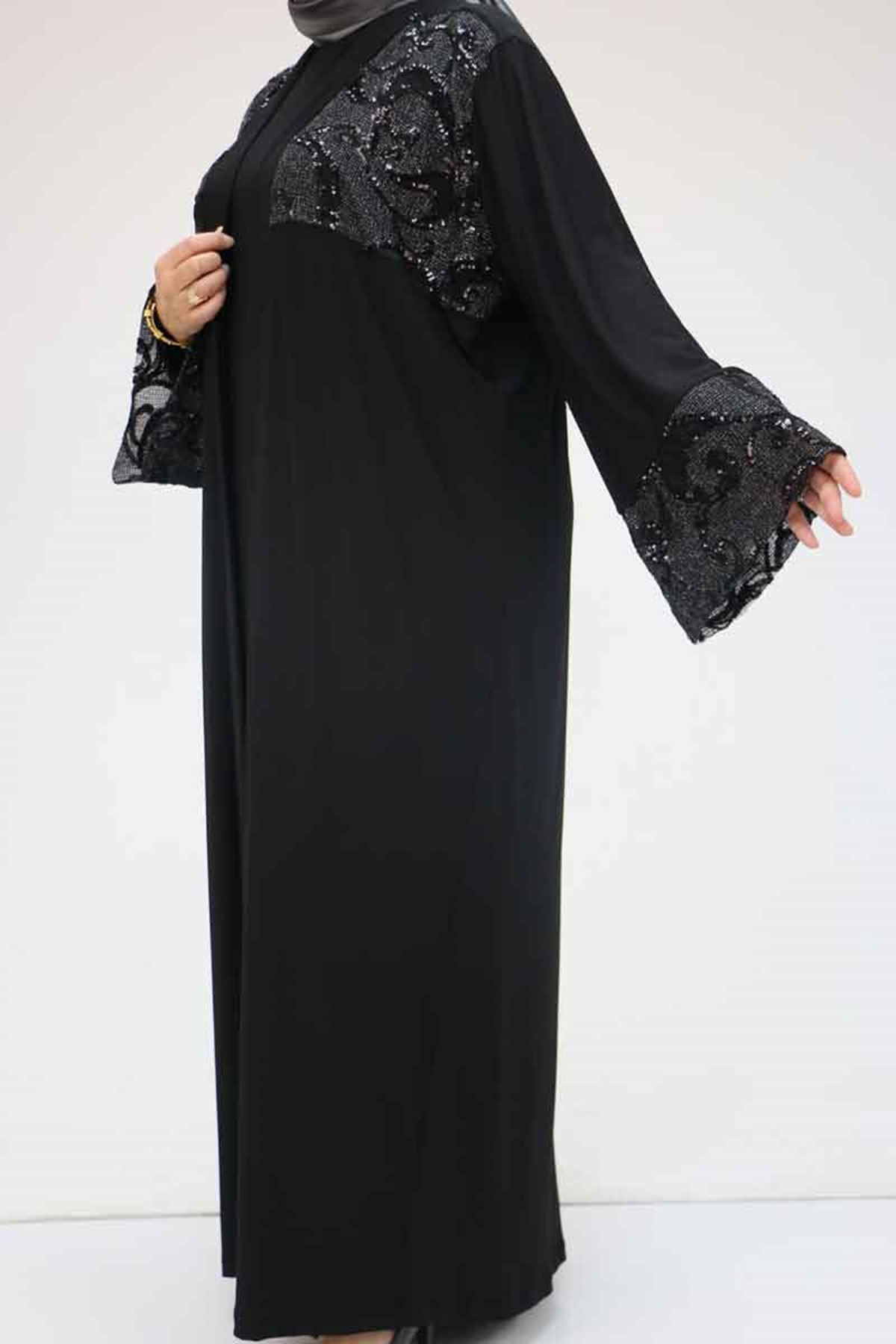 57203 Büyük Beden Sandy-Pul Payet Yelek-Elbise - Siyah