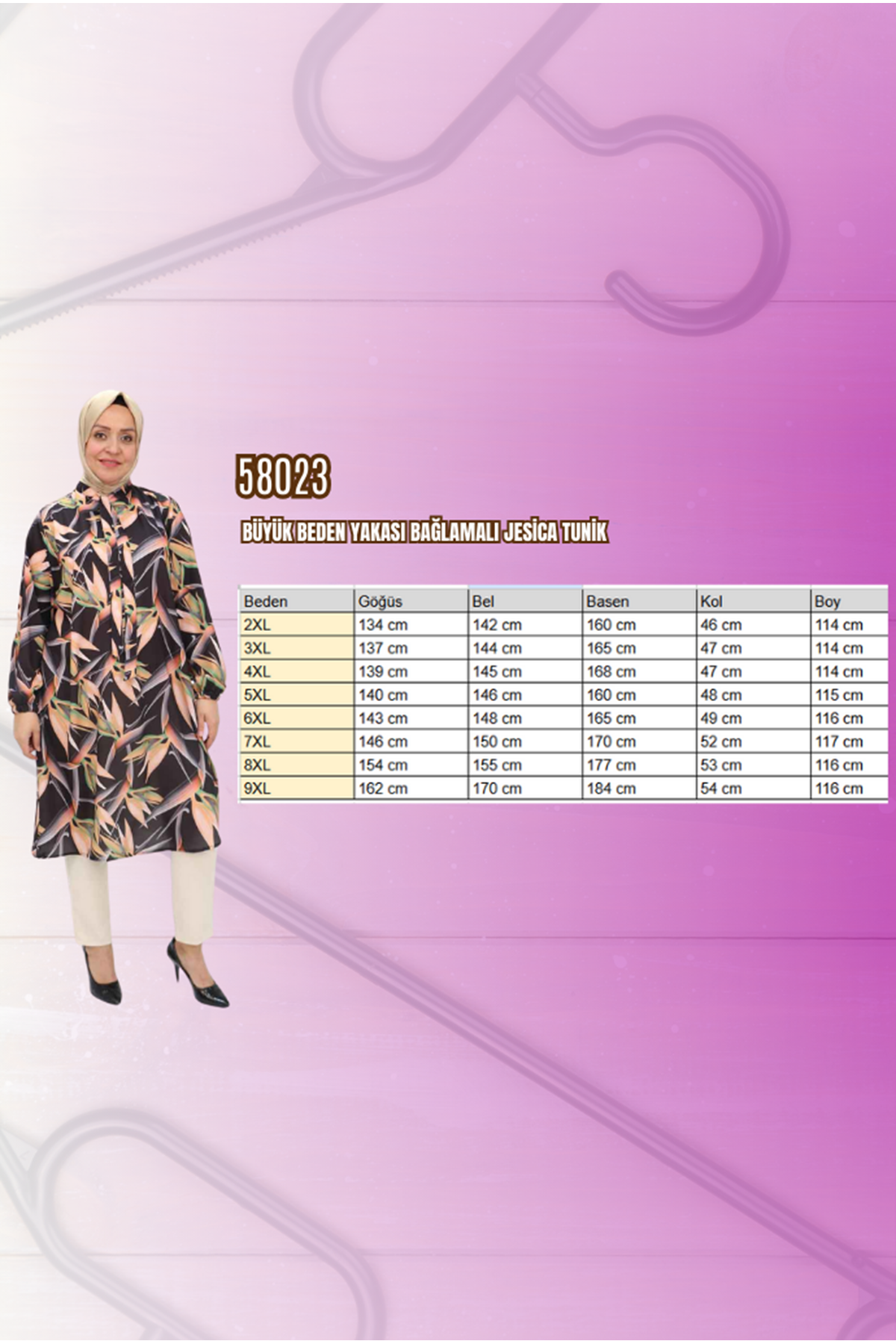 F-58023 Büyük Beden Yakası Bağlamalı Jesica Tunik - Daire Desen Beneton