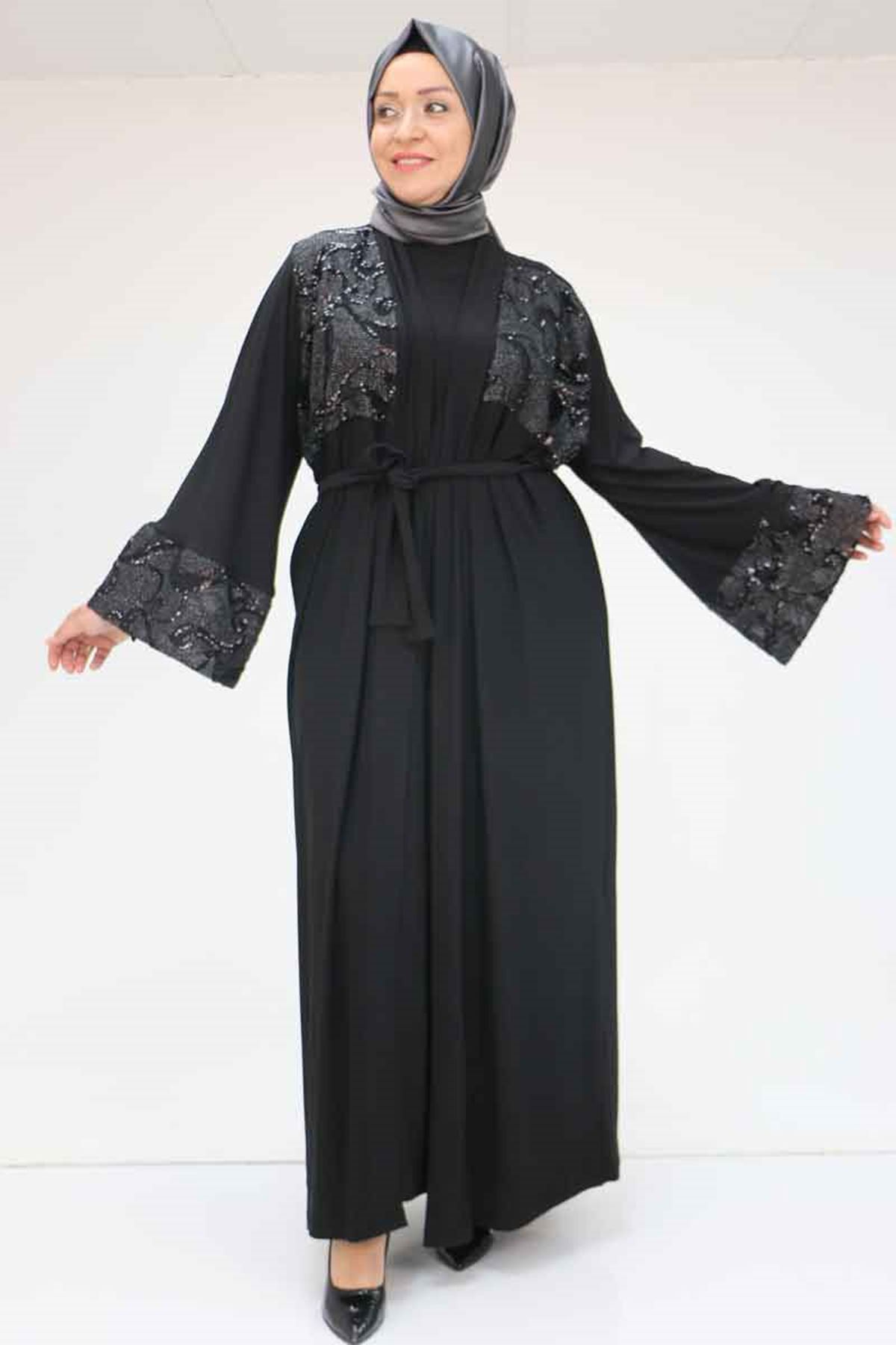 57203 Büyük Beden Sandy-Pul Payet Yelek-Elbise - Siyah