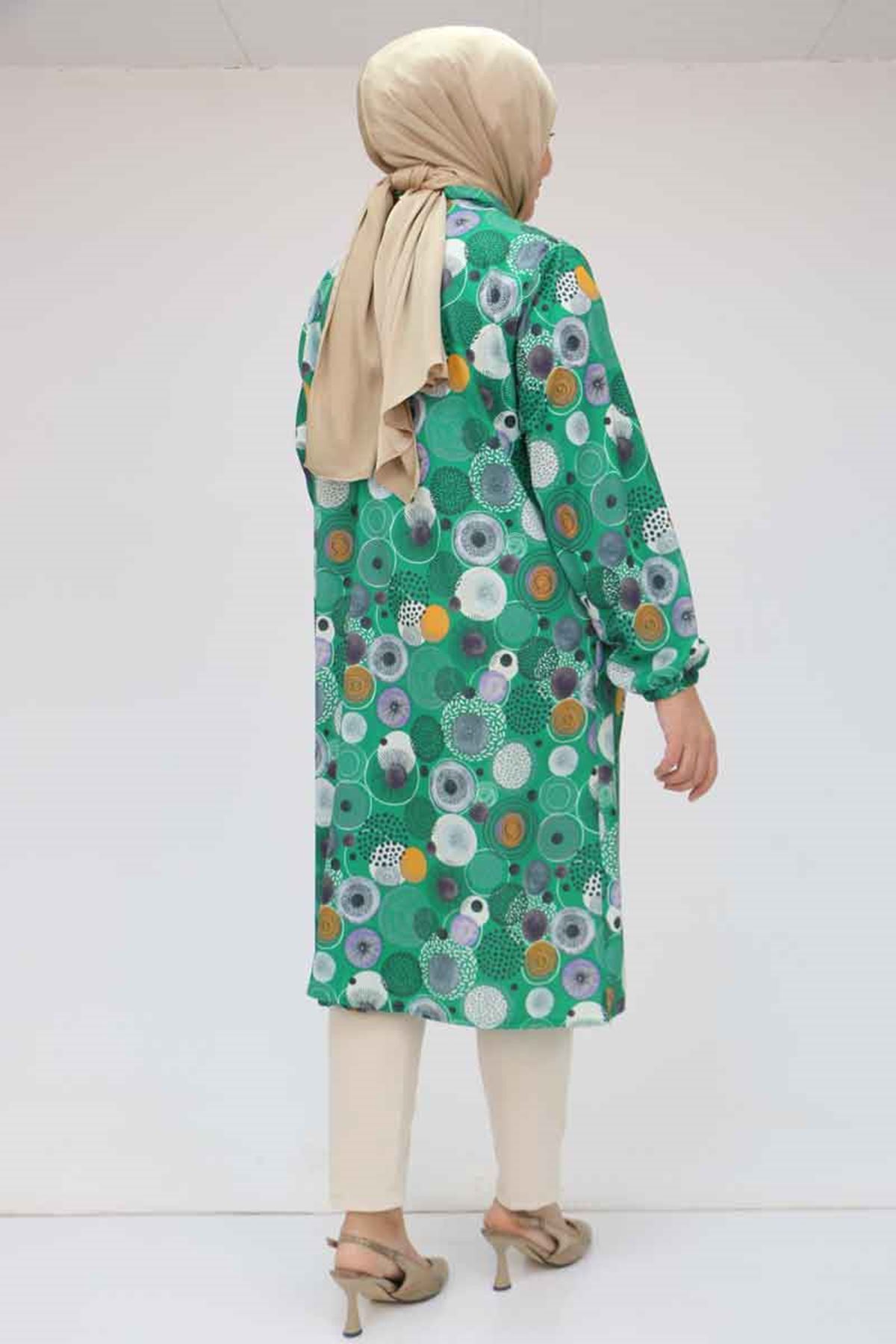 F-58023 Büyük Beden Yakası Bağlamalı Jesica Tunik - Daire Desen Beneton