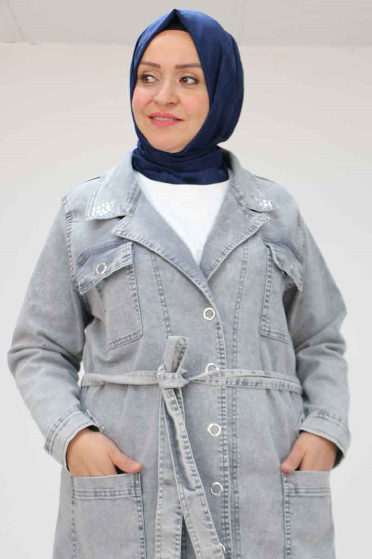 43070 Büyük Beden Taş İşlemeli Manşetli Kot Ceket - Gri