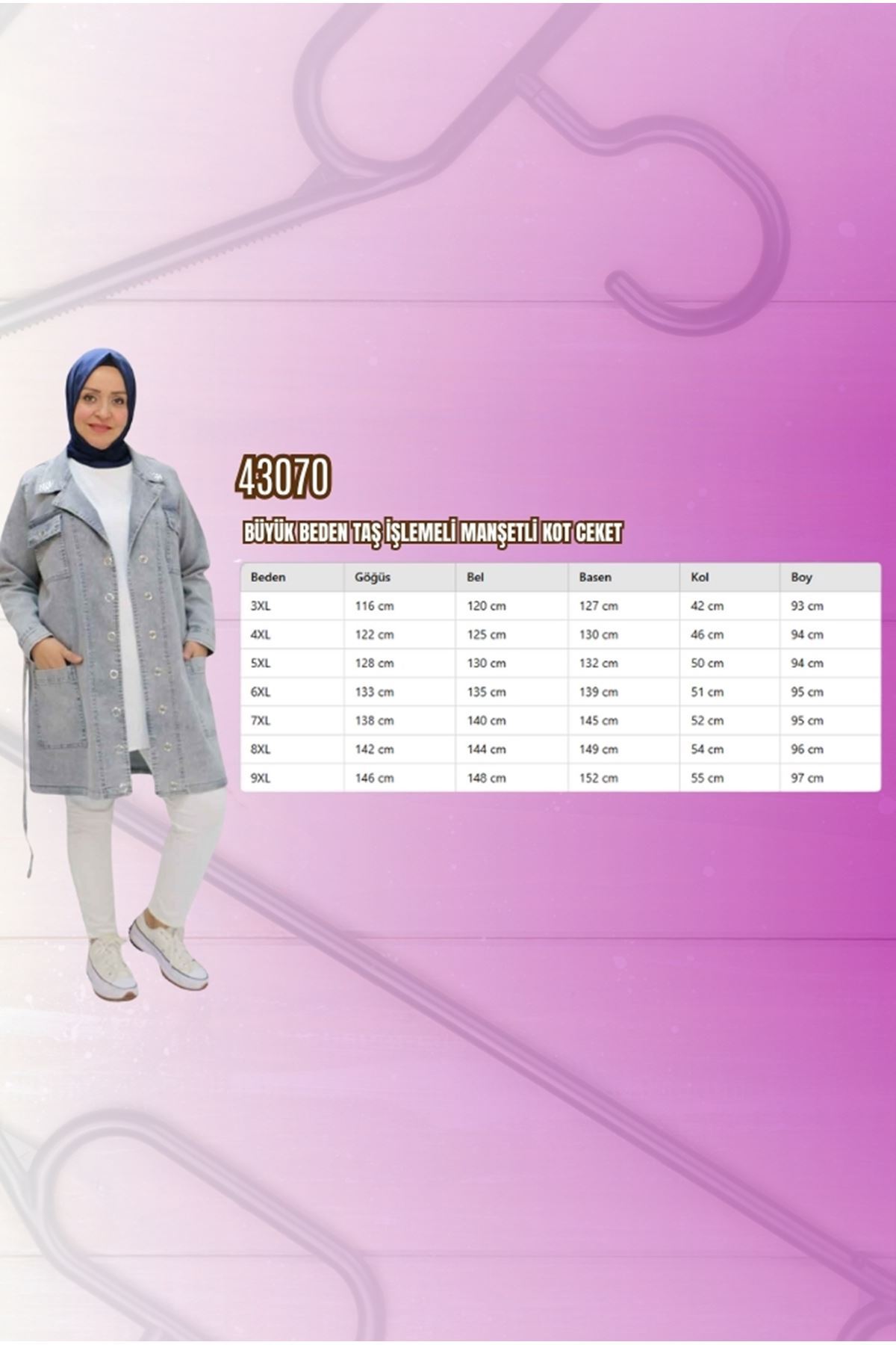 43070 Büyük Beden Taş İşlemeli Manşetli Kot Ceket - Gri