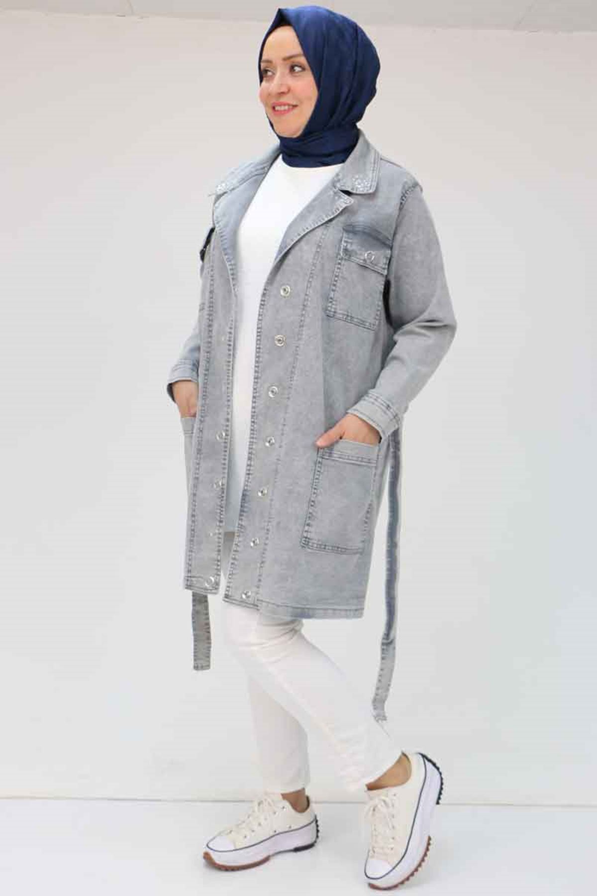 43070 Büyük Beden Taş İşlemeli Manşetli Kot Ceket - Gri