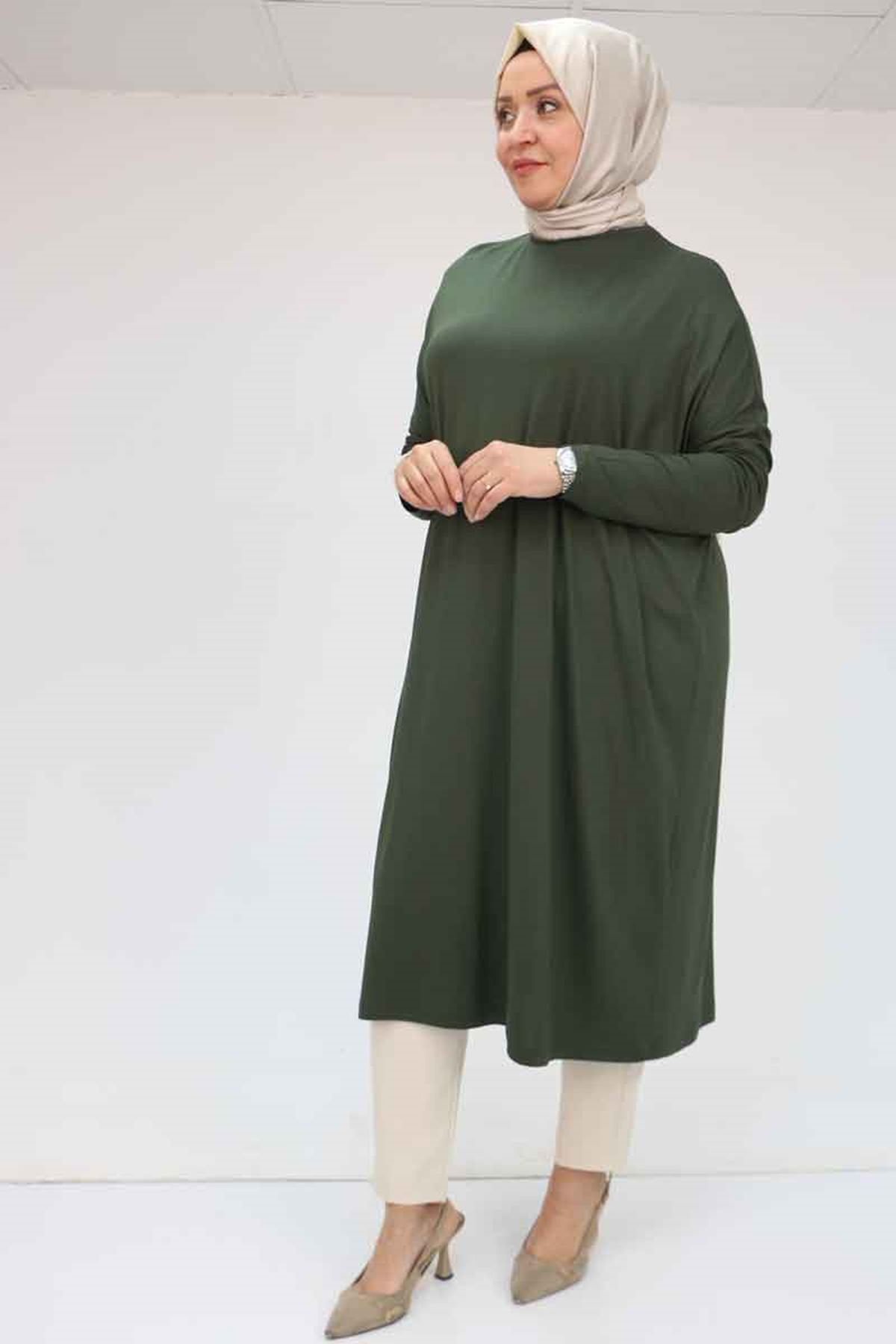 28092 Büyük Beden Düşük Kol Penye Tunik - Haki