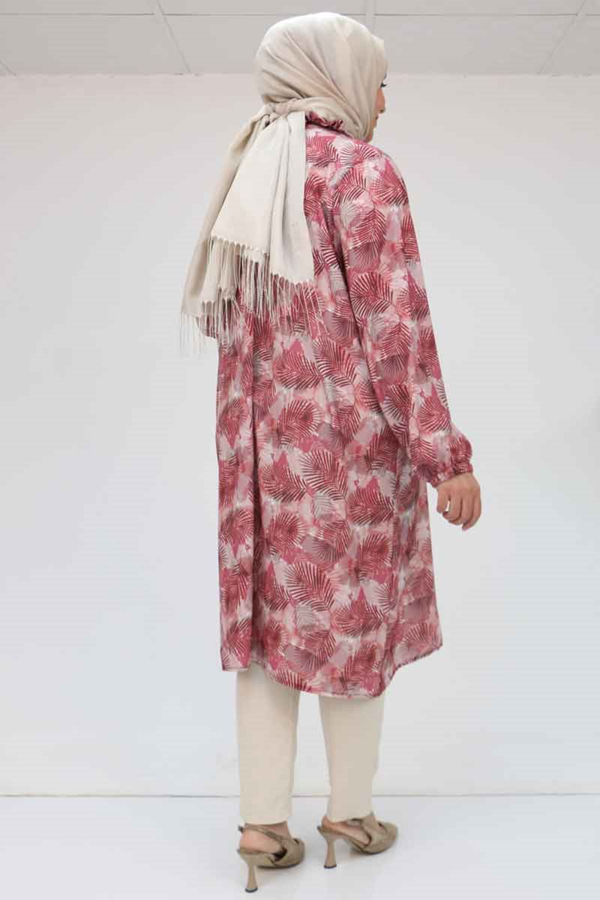 58028 Büyük Beden Yaka Fırfırlı Jesica Tunik - Yaprak Desen Gül