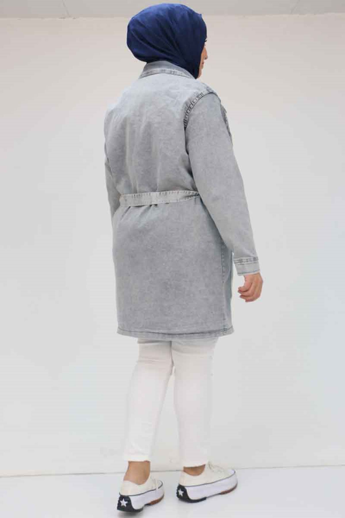 43070 Büyük Beden Taş İşlemeli Manşetli Kot Ceket - Gri