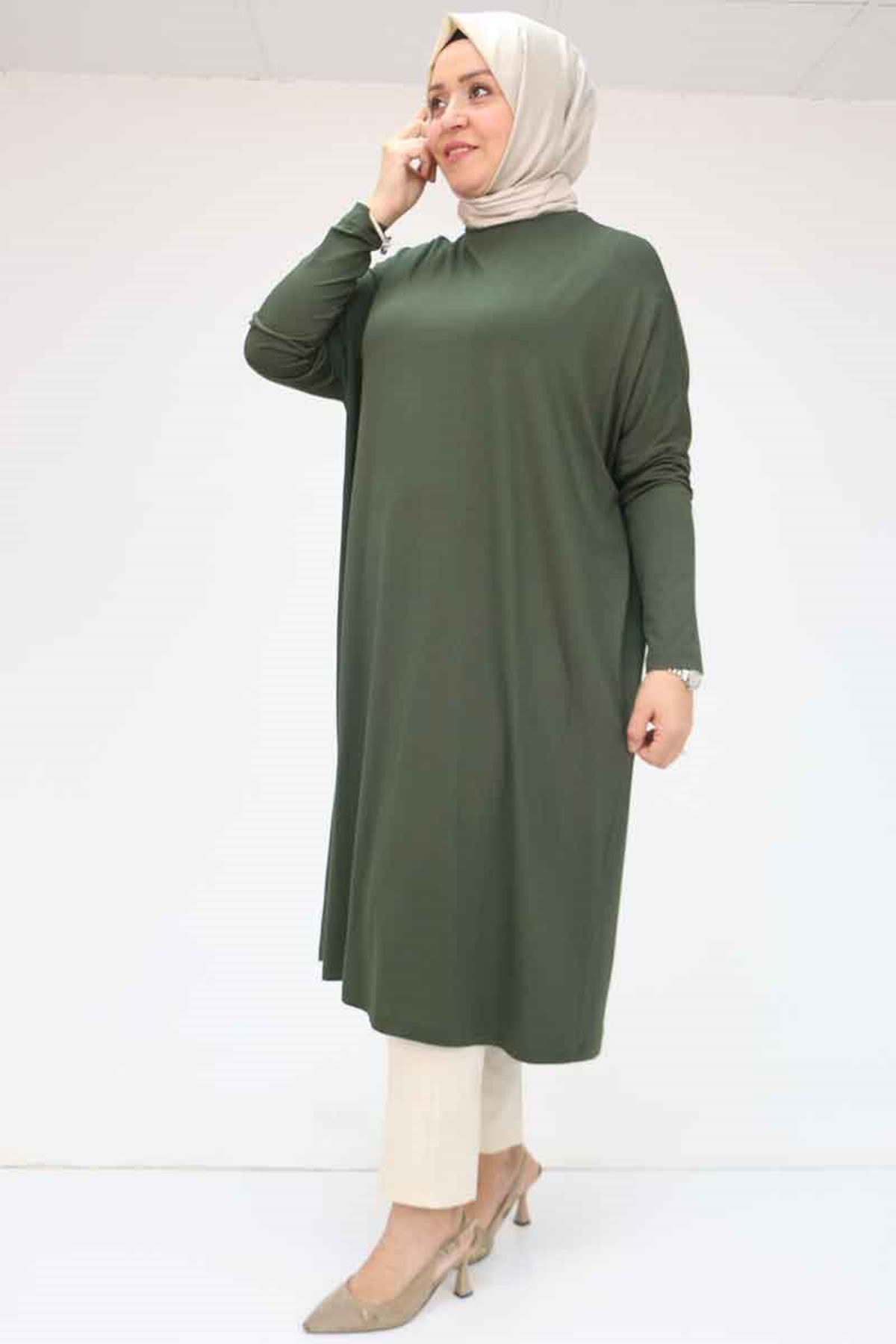 28092 Büyük Beden Düşük Kol Penye Tunik - Haki