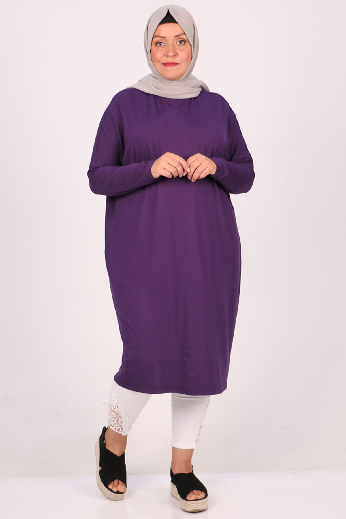 28092 Büyük Beden Düşük Kol Penye Tunik - Mor