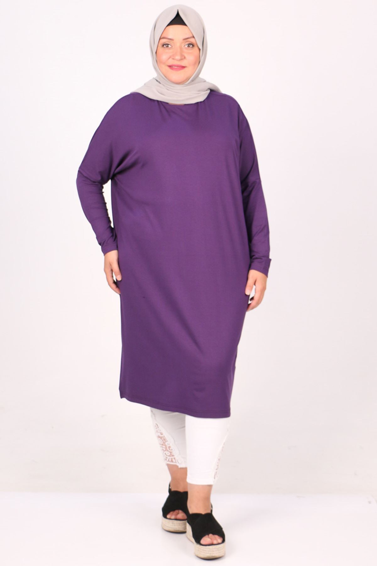 28092 Büyük Beden Düşük Kol Penye Tunik - Mor