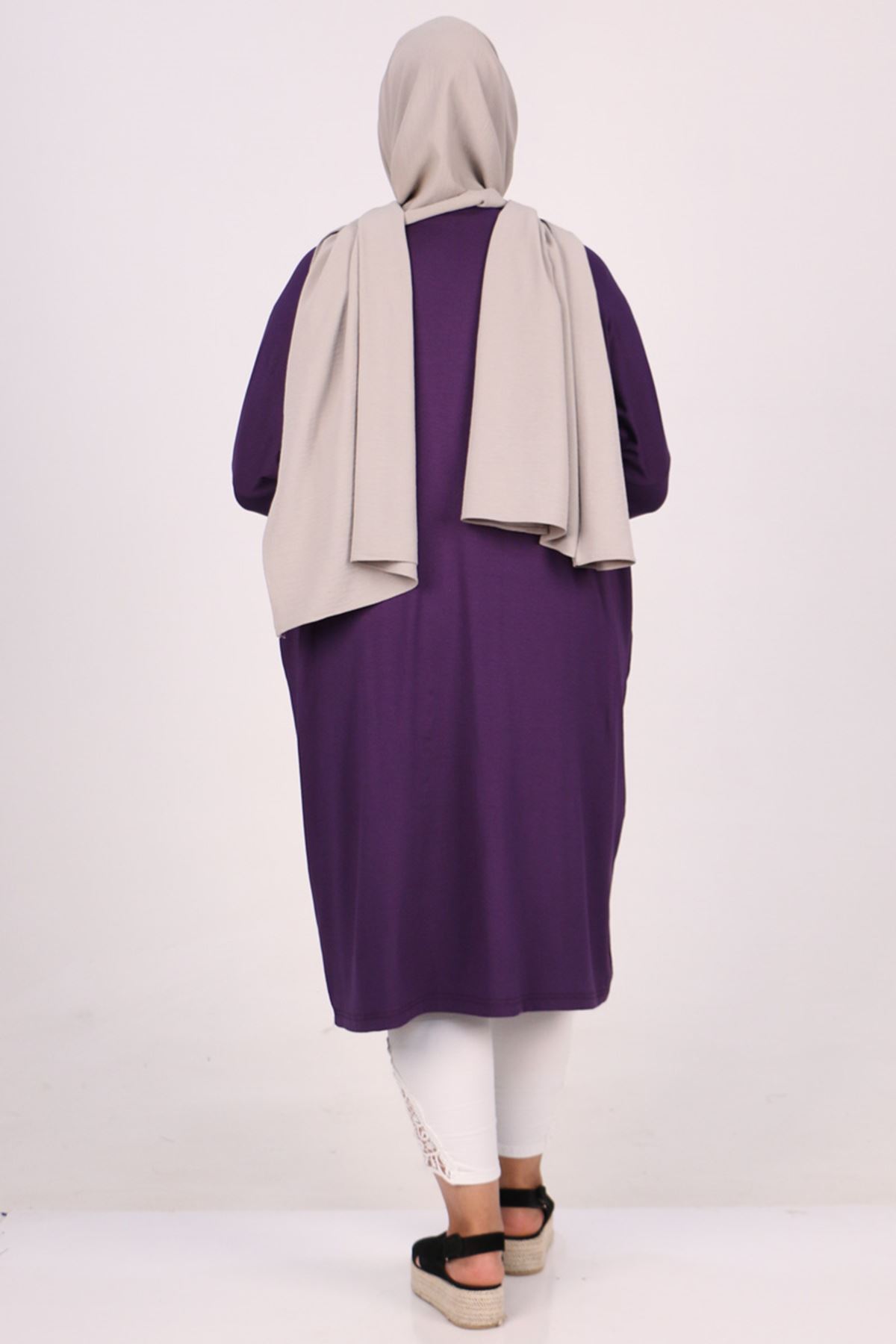28092 Büyük Beden Düşük Kol Penye Tunik - Mor