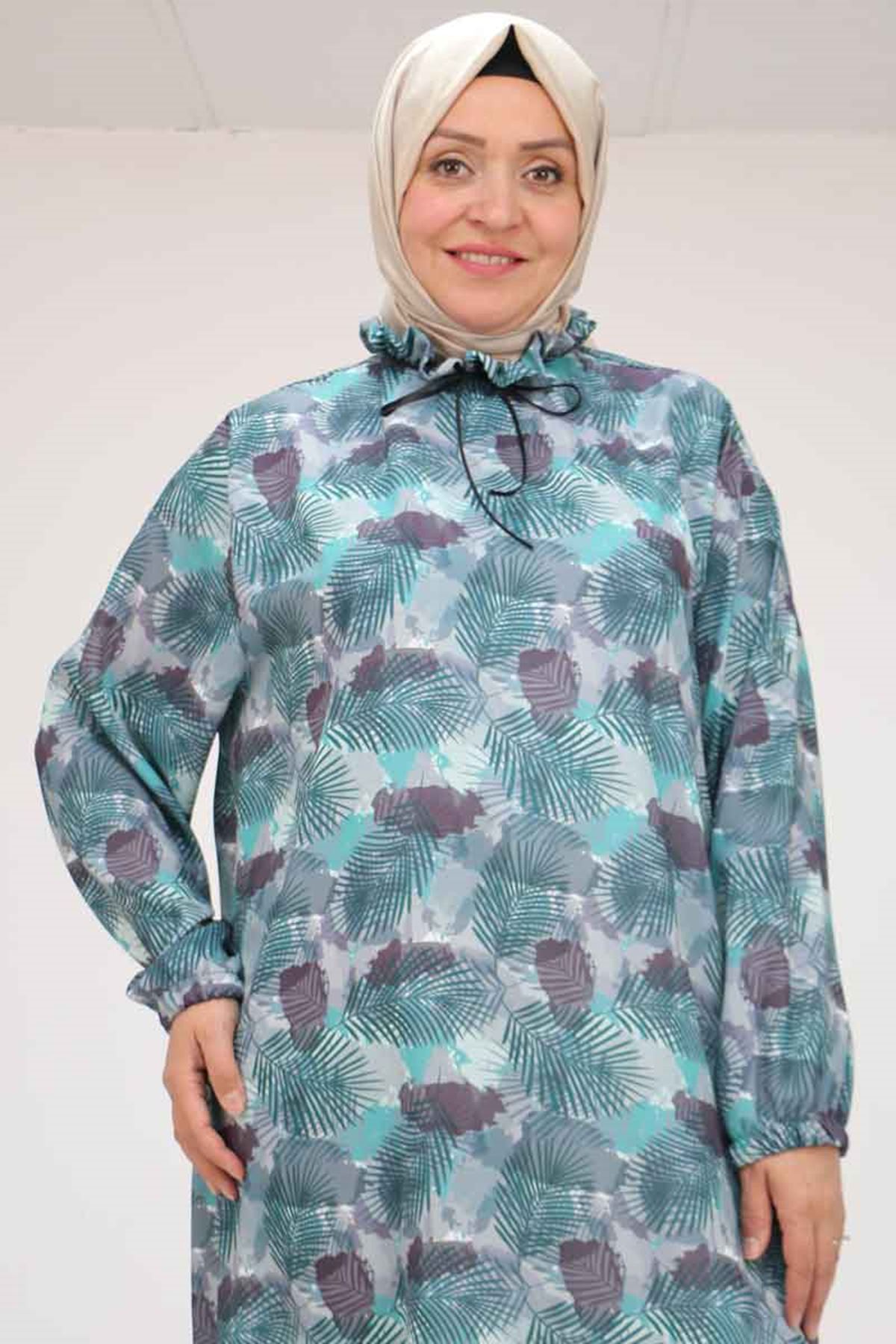 58028 Büyük Beden Yaka Fırfırlı Jesica Tunik - Yaprak Desen Mint