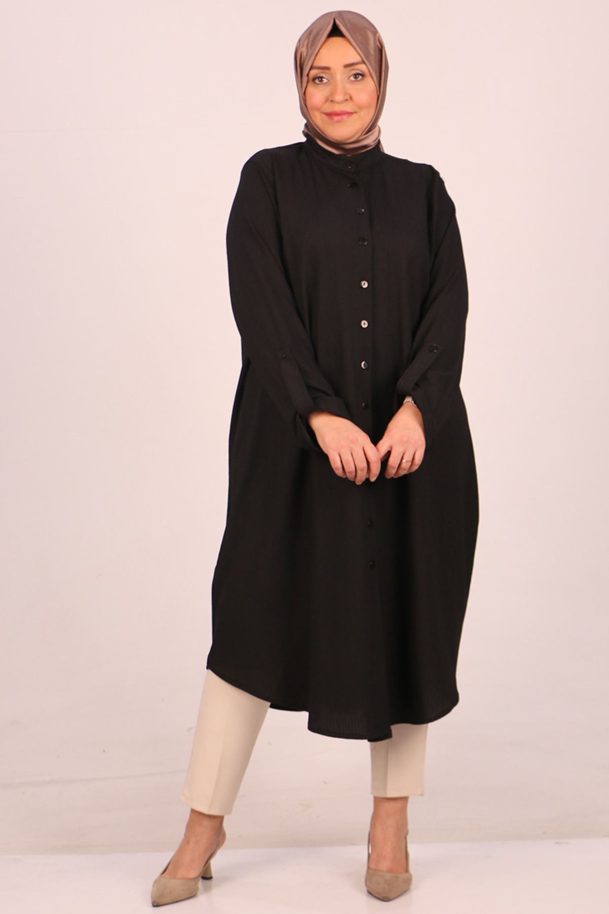 D-48022 Büyük Beden Bürümcük Gömlek - Siyah