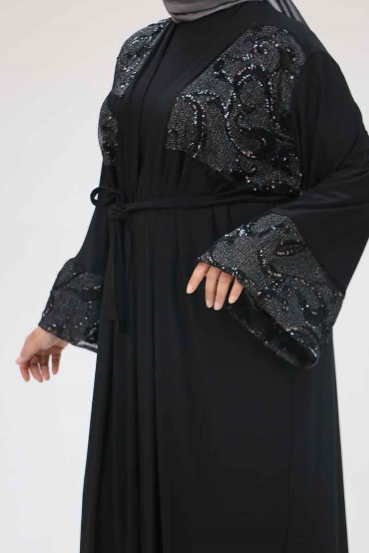 57203 Büyük Beden Sandy-Pul Payet Yelek-Elbise - Siyah