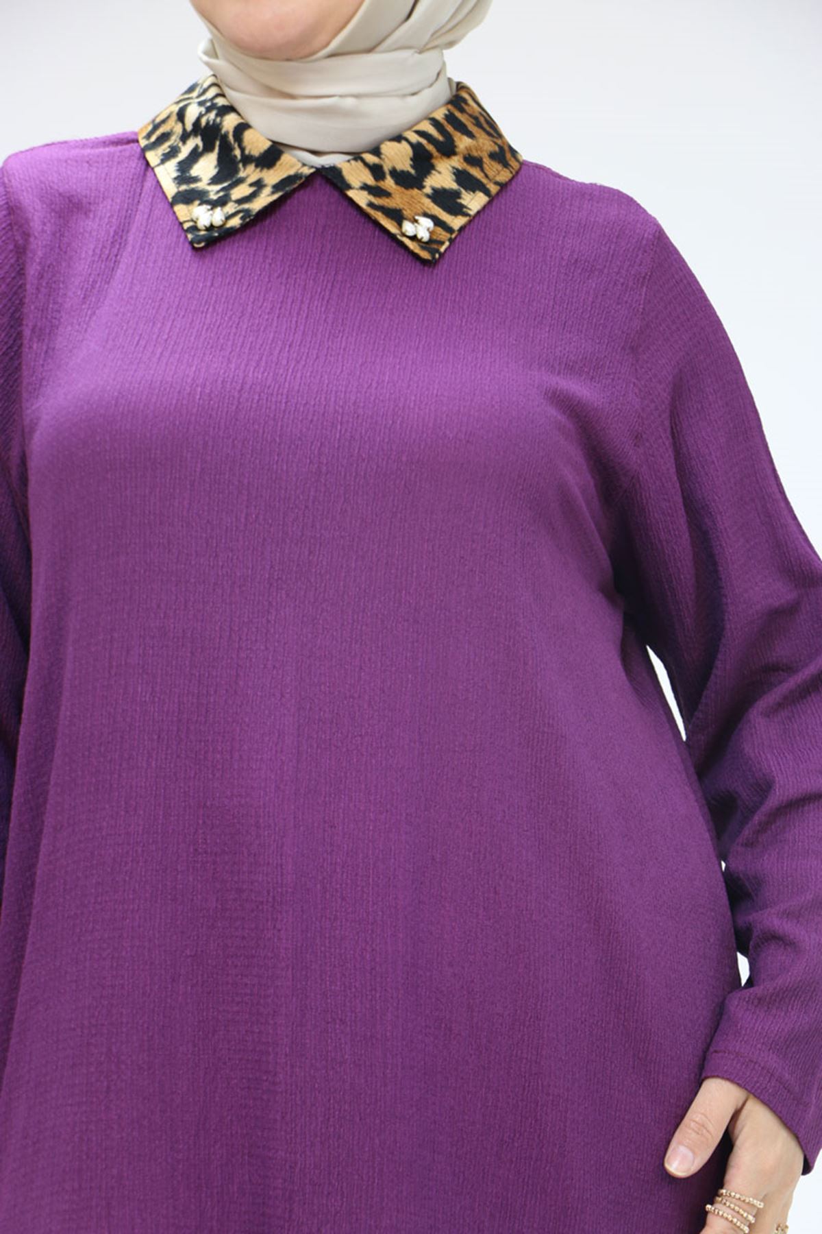 58012 Büyük Beden Kombin Erkek Yakalı Bürümcük Tunik - Mürdüm