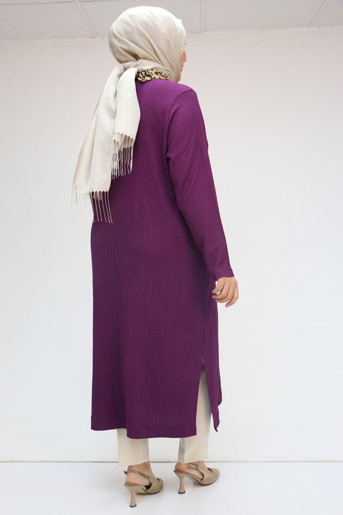 58012 Büyük Beden Kombin Erkek Yakalı Bürümcük Tunik - Mürdüm