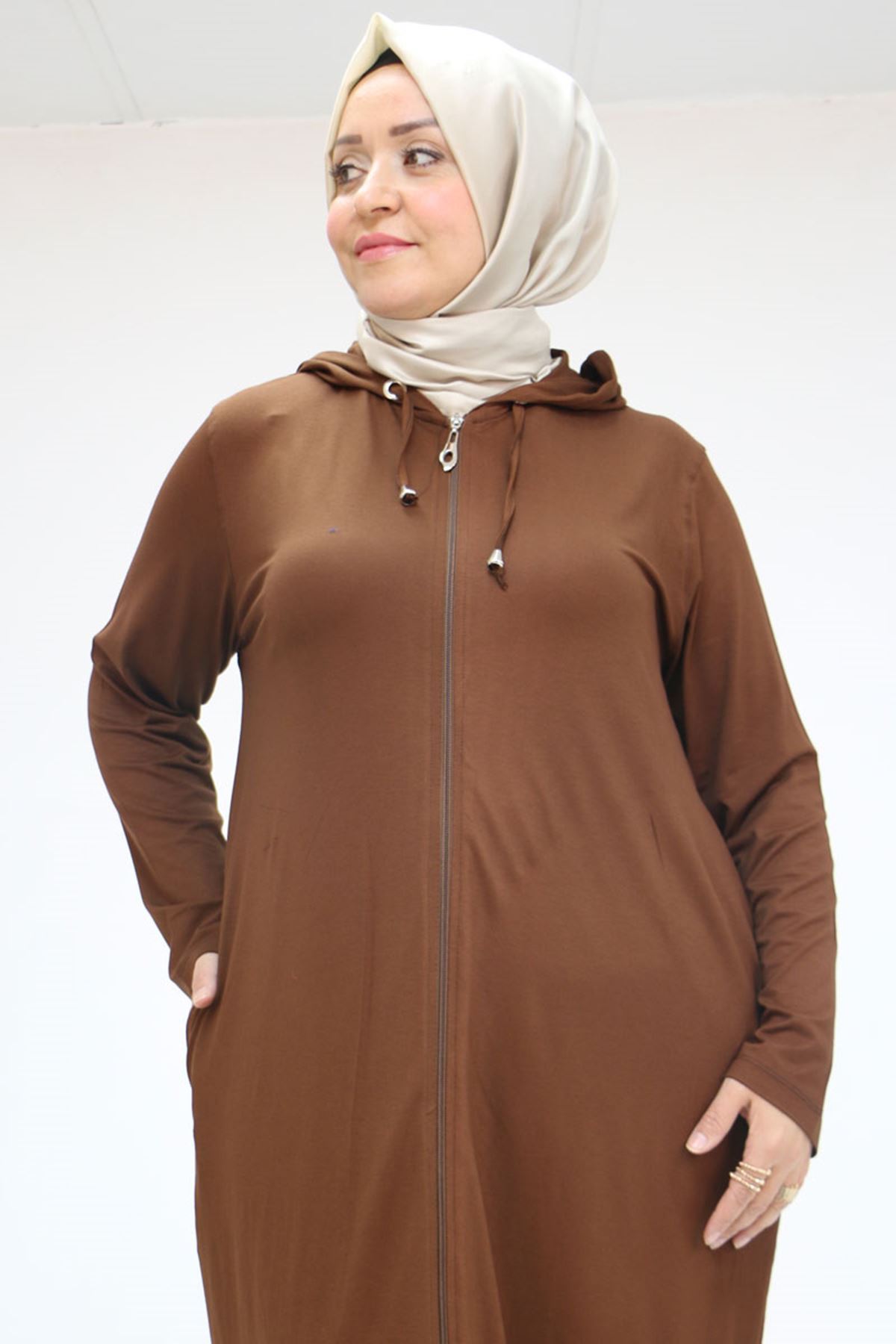 33008 Büyük Beden Fermuarlı Penye Kap - Kahve