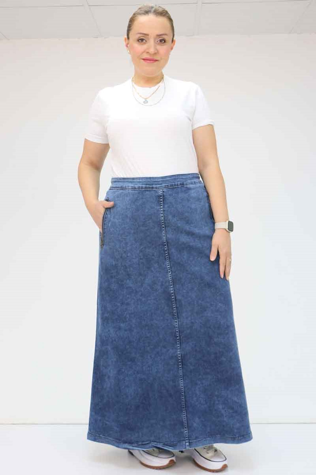 D-45011-1  Büyük Beden Fermuarlı Kot Etek - Mavi