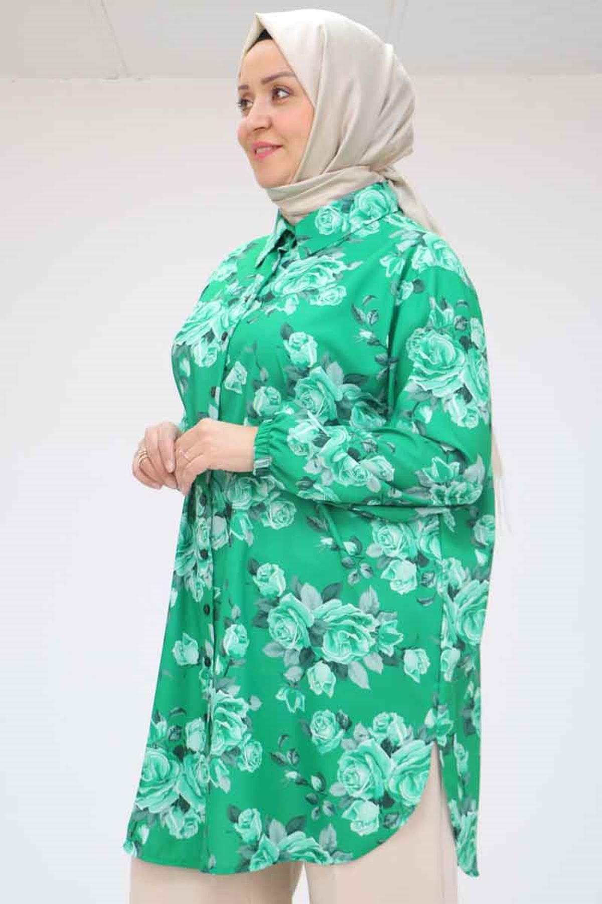 58052 Büyük Beden Erkek Yakalı Jesica Gömlek Tunik - Gül Desen Beneton