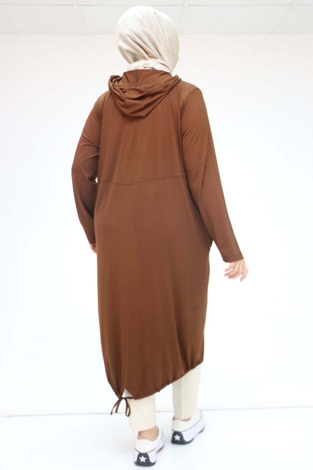 33008 Büyük Beden Fermuarlı Penye Kap - Kahve