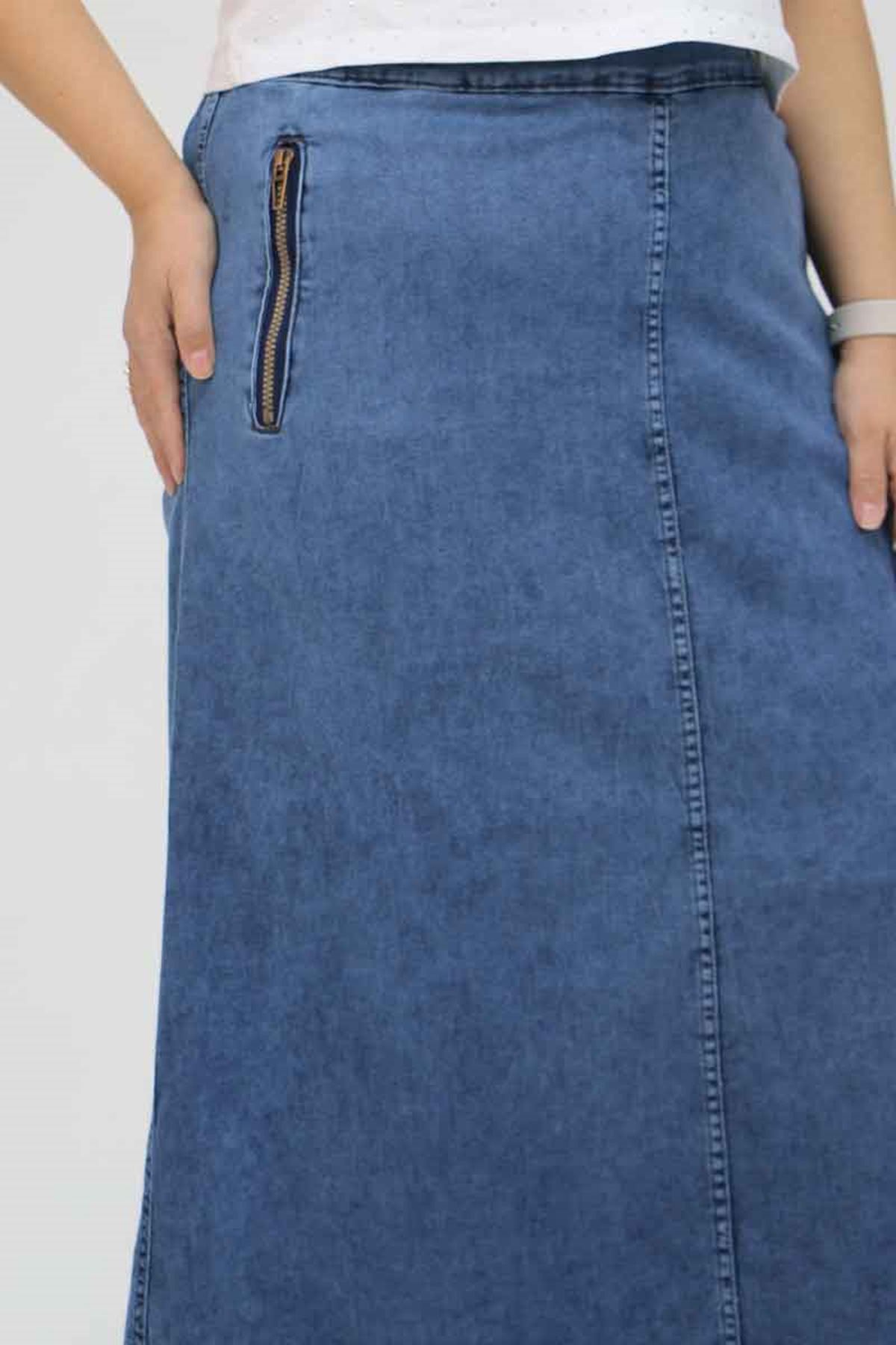 45011 Büyük Beden Fermuarlı Kot Etek - Mavi