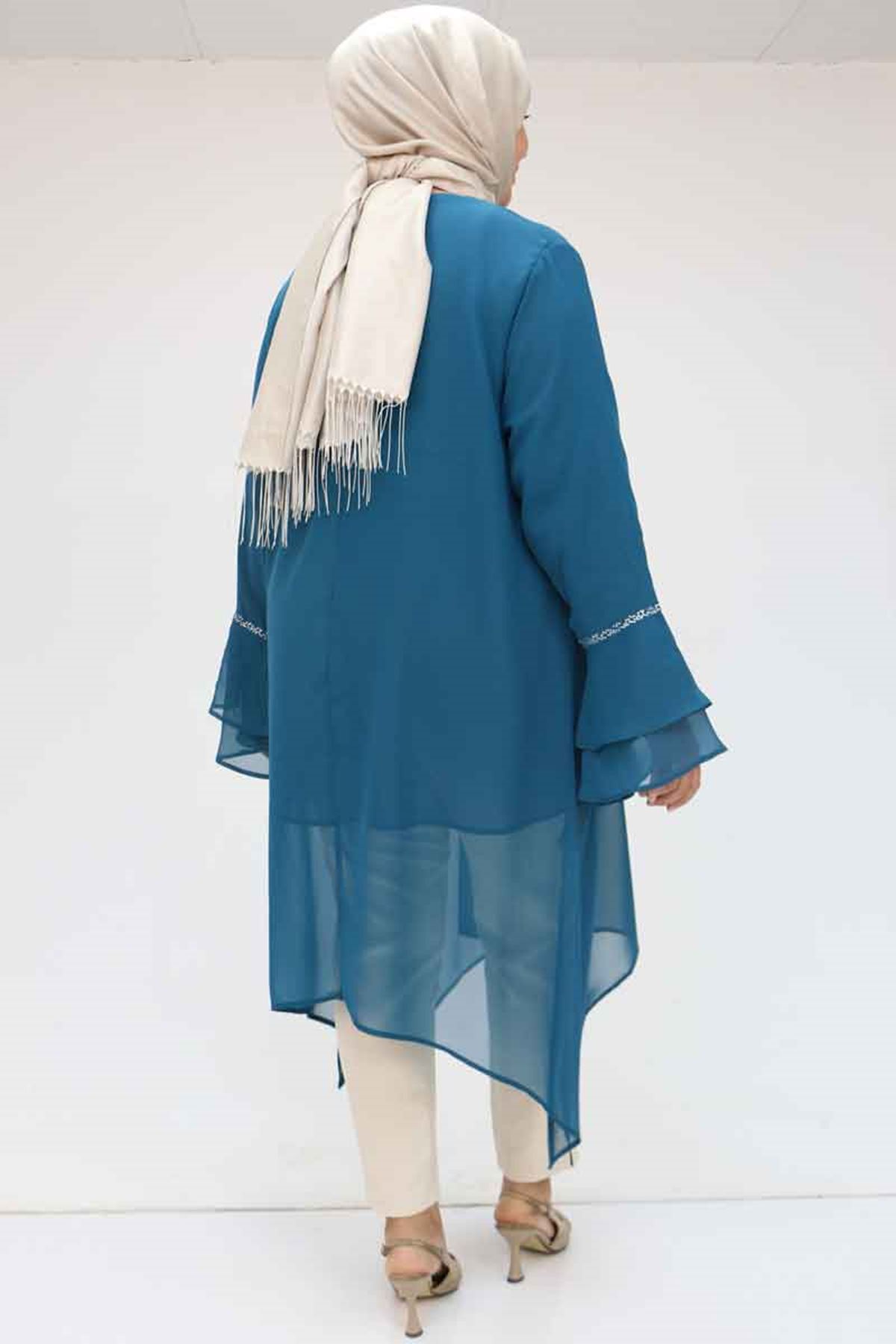 58018 Büyük Beden Kolu Volanlı Taş Baskılı Şifon Tunik - Petrol