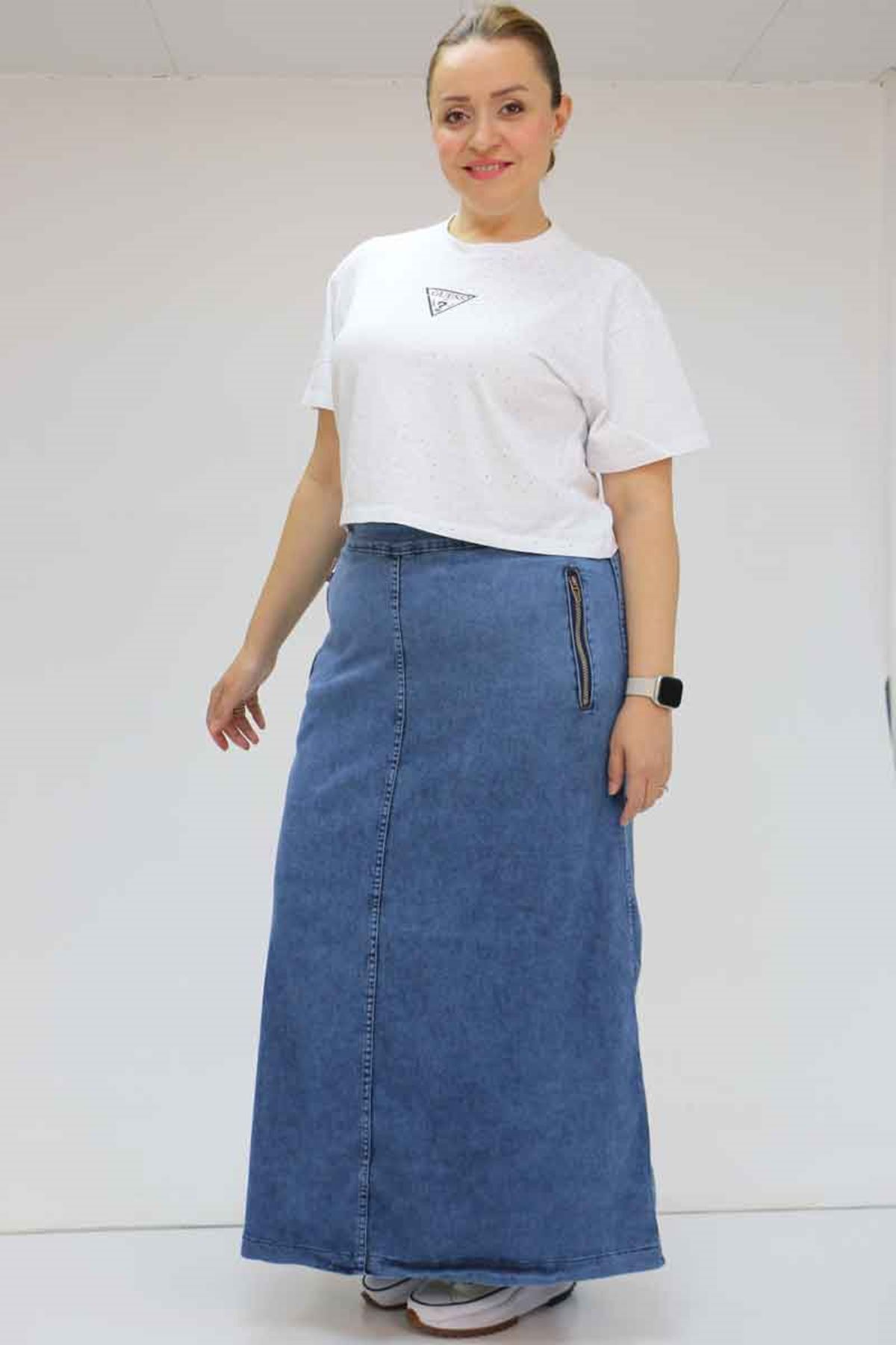 45011 Büyük Beden Fermuarlı Kot Etek - Mavi