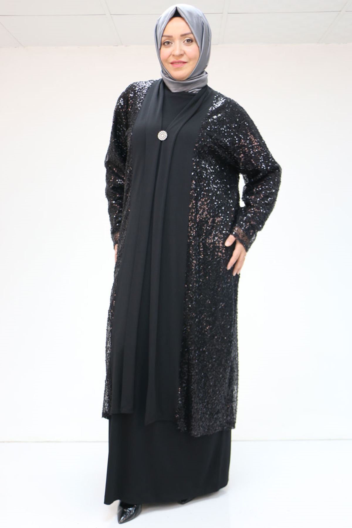 47205 Büyük Beden Pul Payetli -Sandy Elbise - Siyah