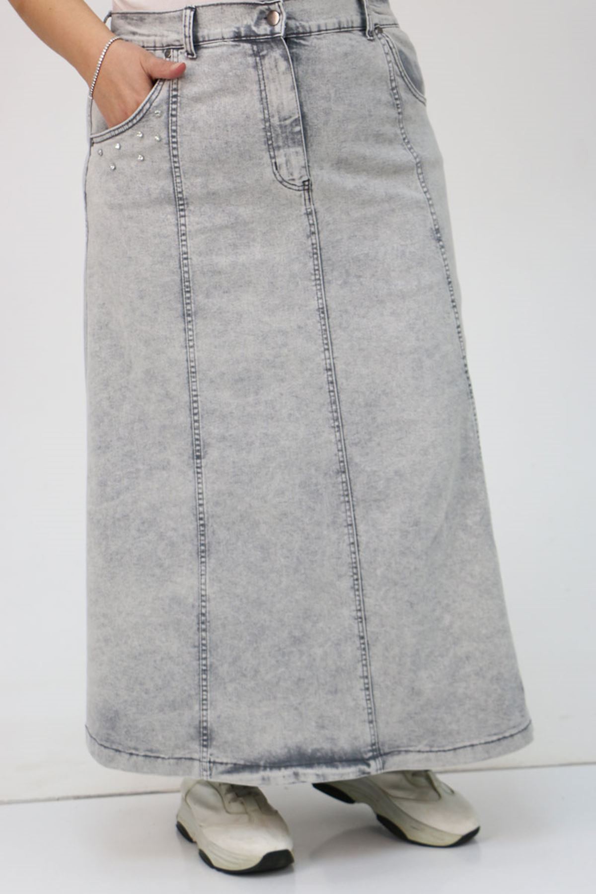 45007-1 Büyük Beden Parçalı Taş Detaylı Kot Etek - Gri