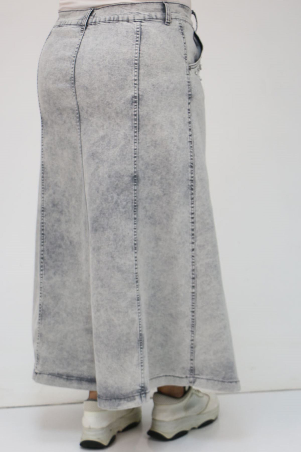 45007-1 Büyük Beden Parçalı Taş Detaylı Kot Etek - Gri