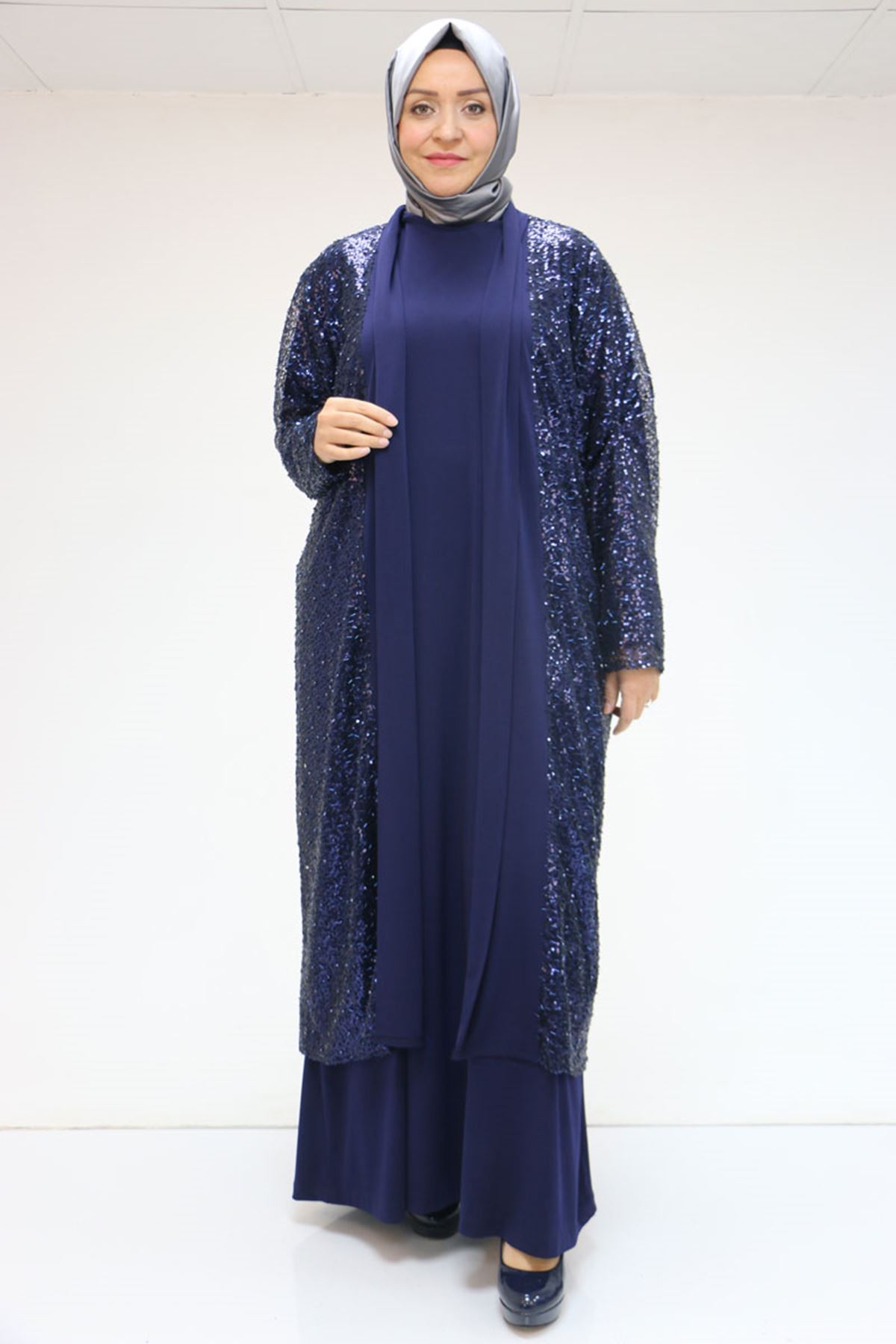47205 Büyük Beden Pul Payetli -Sandy Elbise - Lacivert